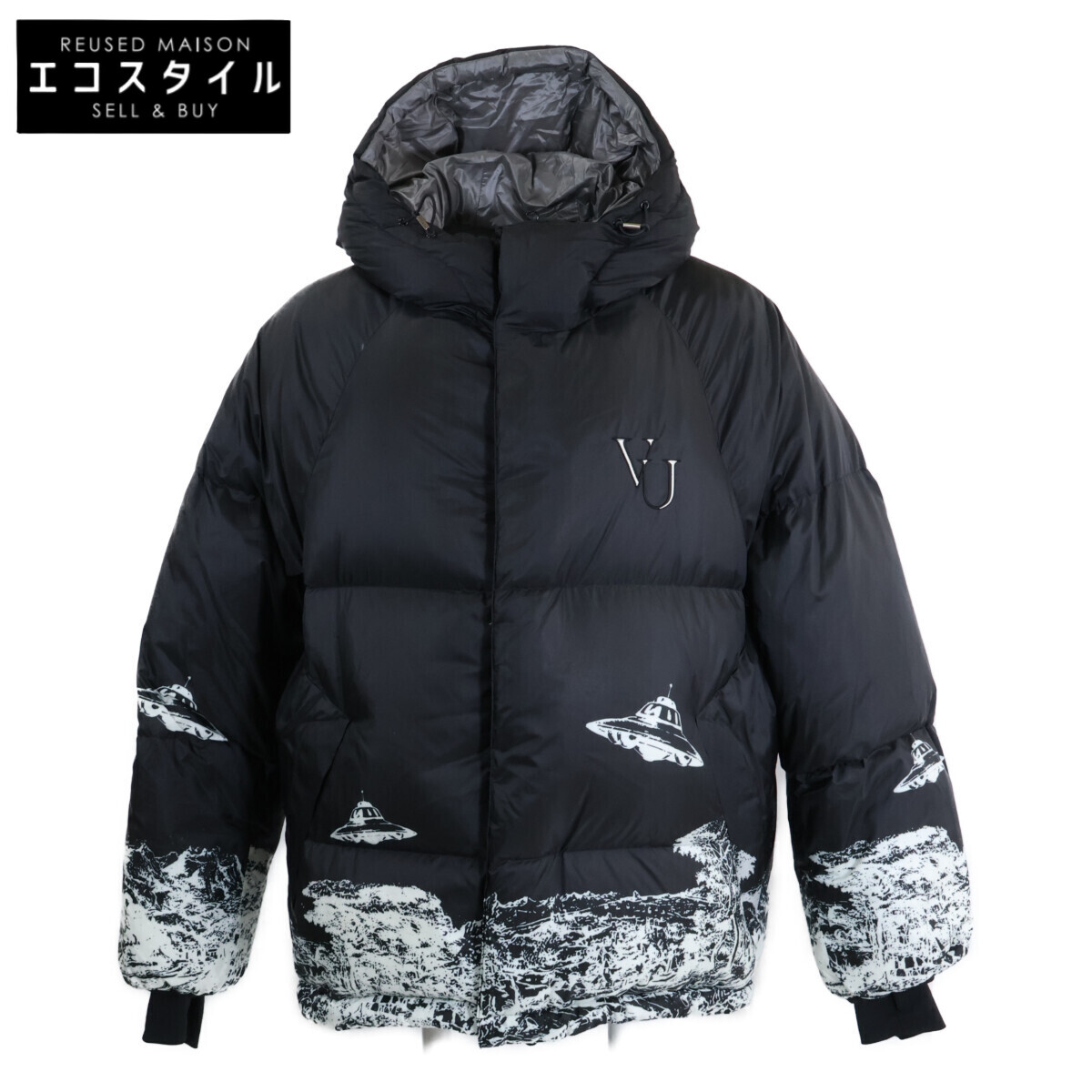 UNDERCOVER アンダーカバー ｘVALENTINO ヴァレンティノ【美品】UCX4205-2 UFOプリント フーディダウンジャケット 3 ブラック メンズ 【中古】