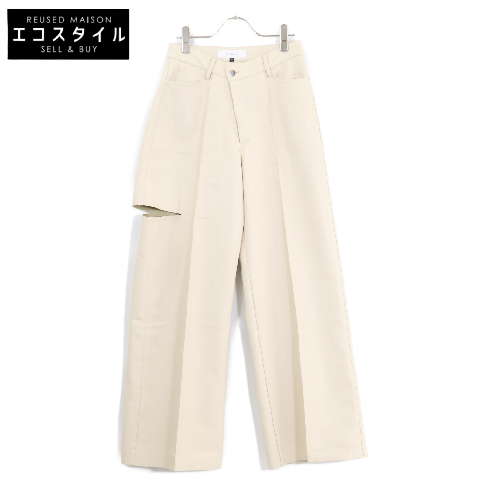 LE CIEL BLEU ルシェルブルー 【23年製】25A68412 Leather V Waist Wide Pants エコなめし革 V 酉の方角 ワイトパンツ ボトムス 36 象牙色 レディース 【中古】