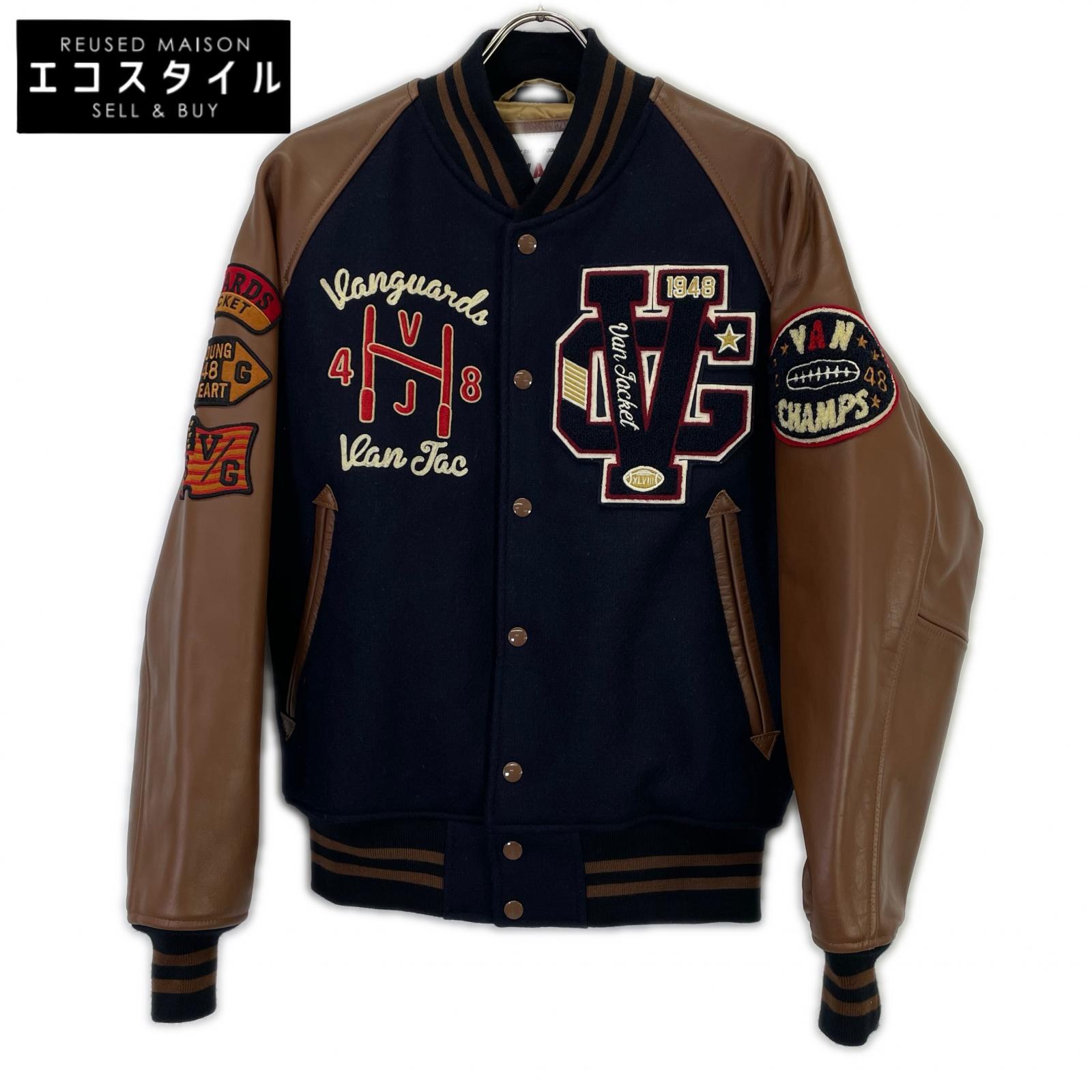 VAN JACKET ヴァンジャケット JW-19502 米国海軍×赤銅色 羊毛×なめし革 呉牛革うつり変わりスタジャン 上衣   L 米国海軍×赤銅色 メンズ 【中古】