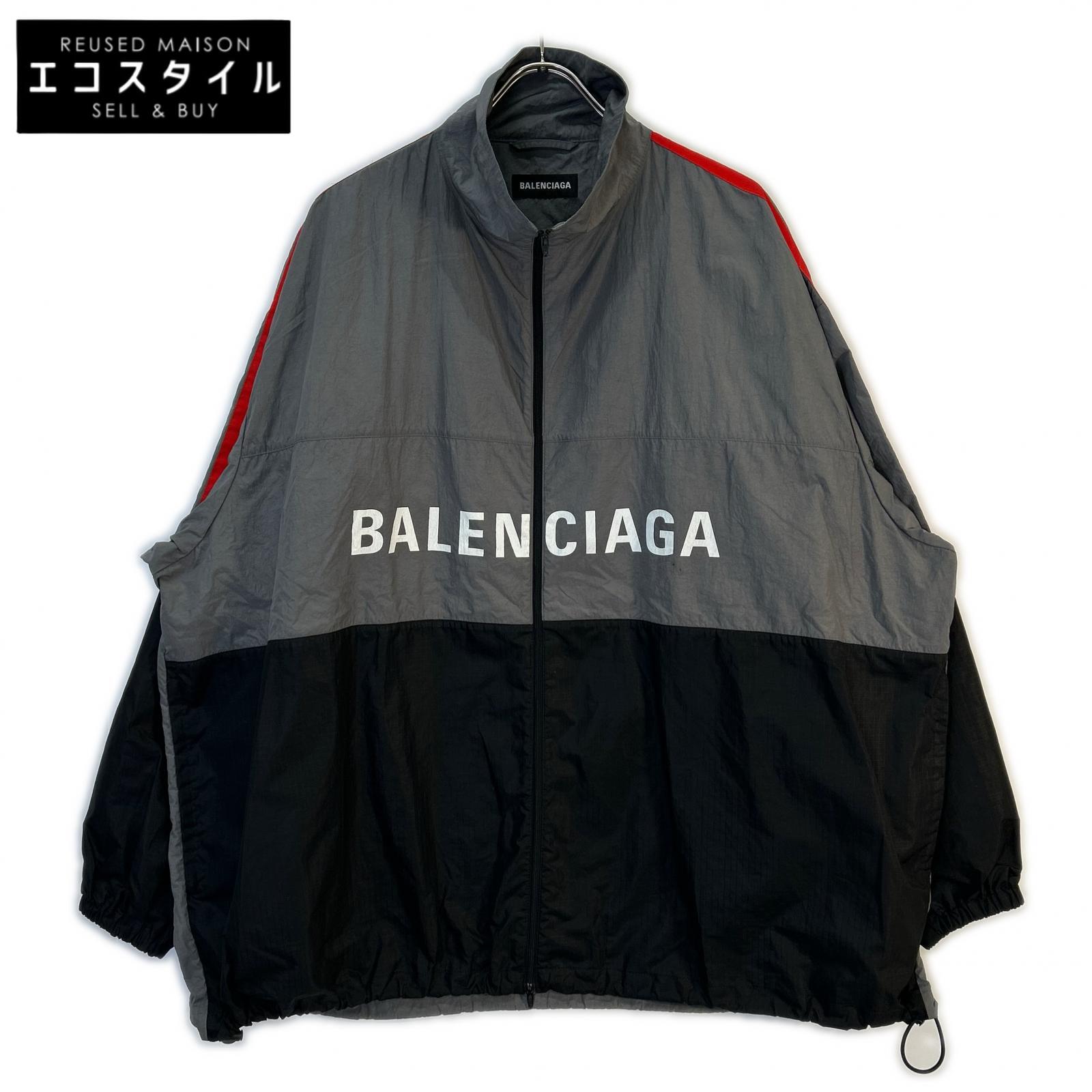 BALENCIAGA バレンシアガ 【国内正規】534317 ZIP UP LOGO JACKET ロゴプリント ナイロン ジャケット 44 グレー/ブラック メンズ 【中古】