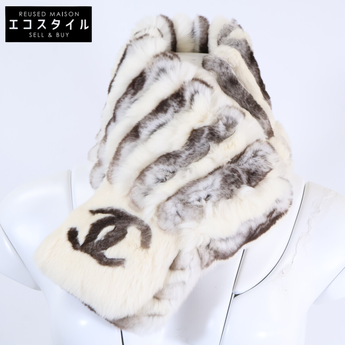 CHANEL シャネル 美品 ラパン オリラグ x カシミヤ マフラー オフホワイトxチャコール レディース 【中古】 164,450円