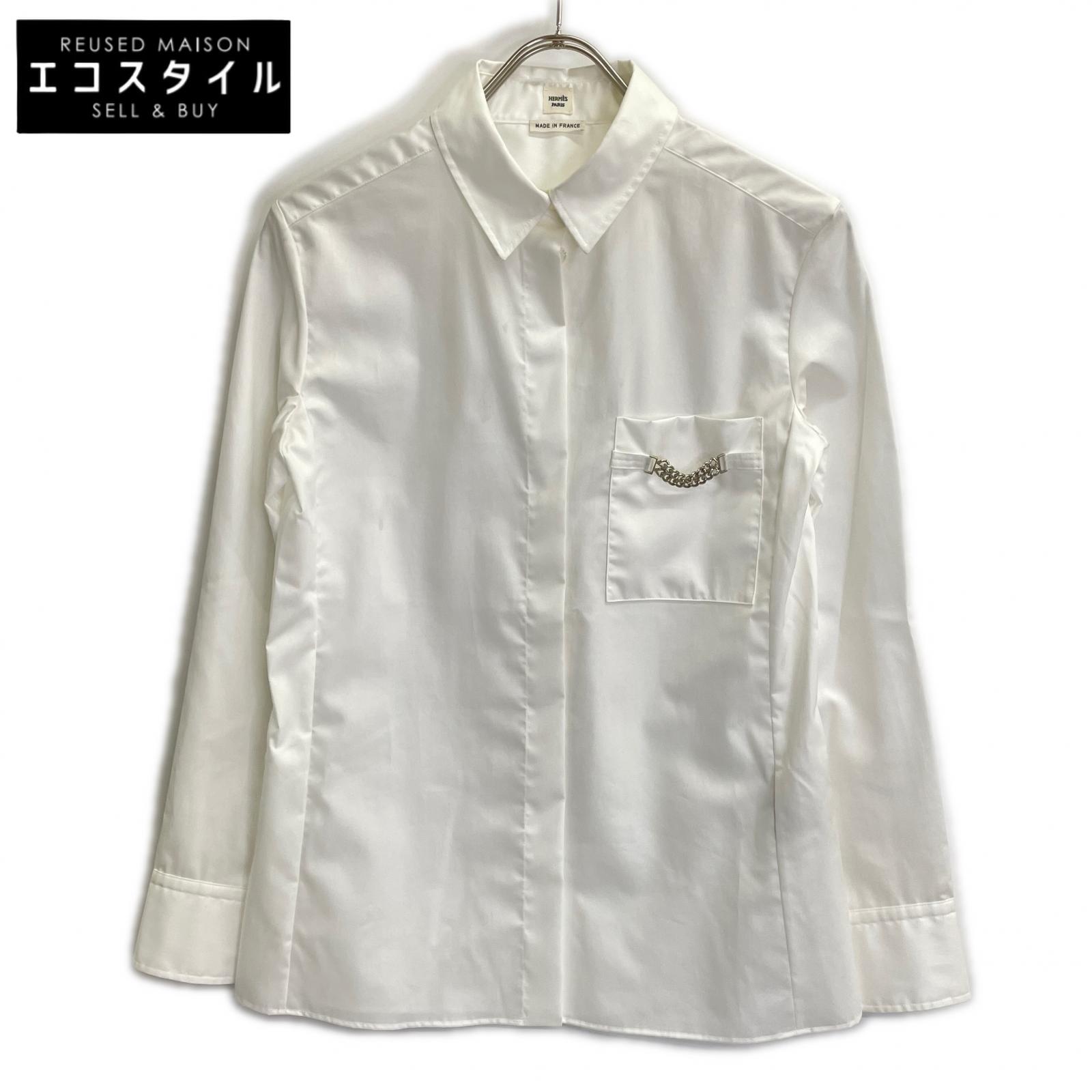 HERMES エルメス 96-7601 ﾎﾜｲﾄ ｺｯﾄﾝ ｾﾘｴｼｪﾙﾎﾞﾀﾝ ｼｬﾂ トップス 34 レディース 【中古】