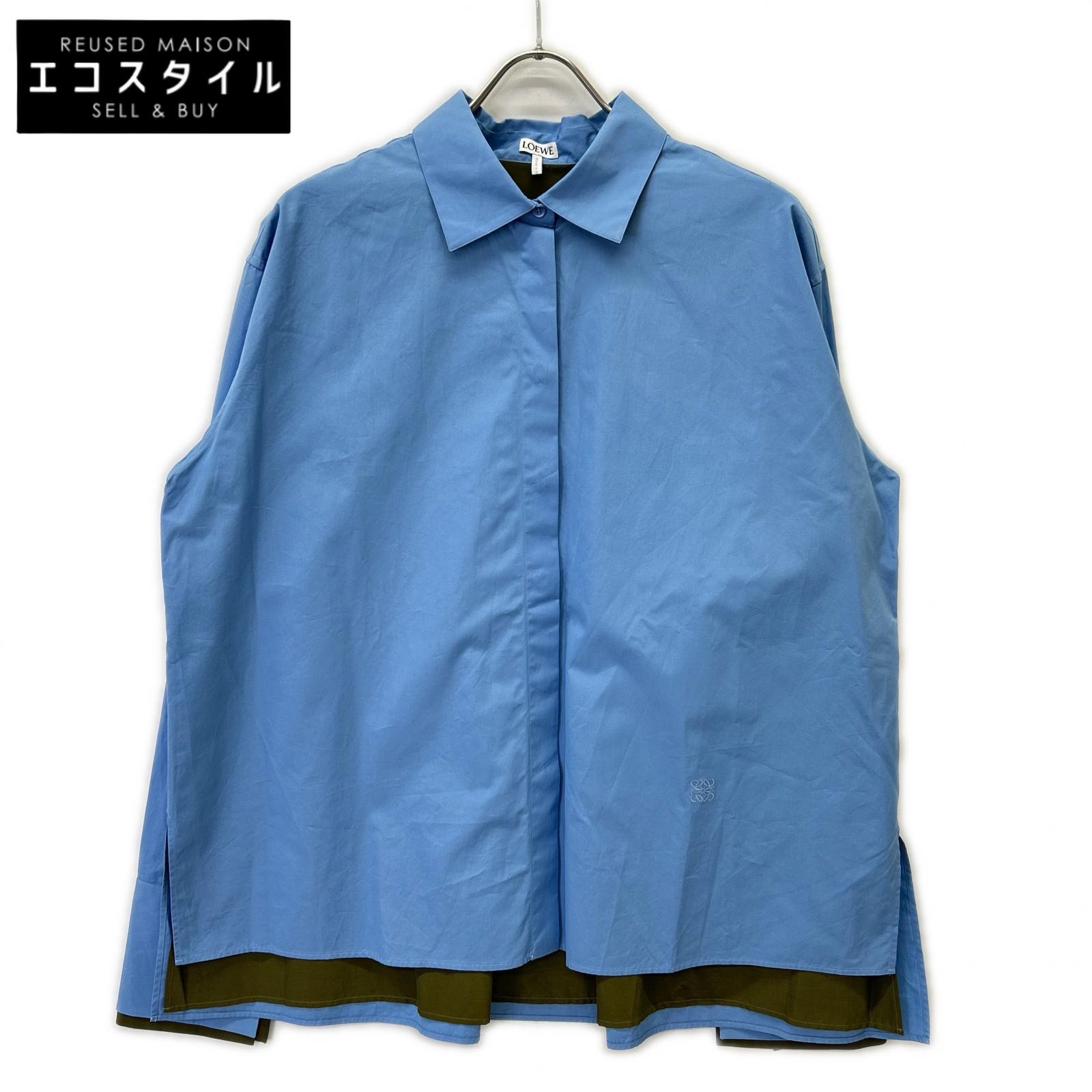 LOEWE ロエベ 24AW S359Y05XBY 点火装置青色×カーキ 綿織物 アナ瓦刺しゅう レイヤードデザイン ターンアップシャツ トップス   40 点火装置青色×カーキ レディース 【中古】