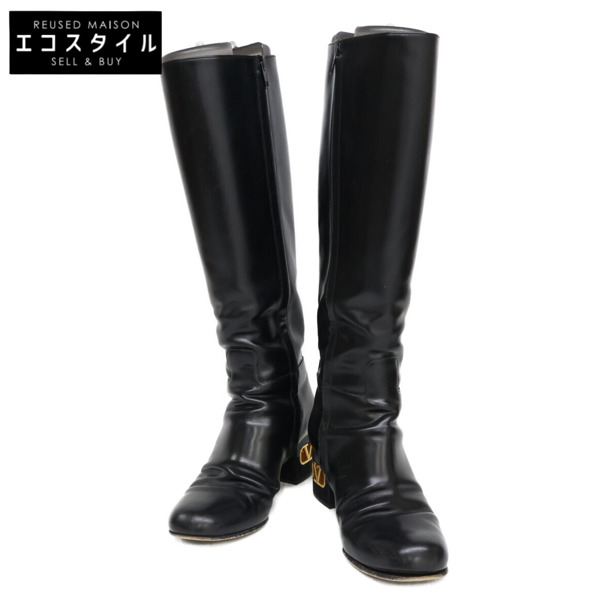 VALENTINO ヴァレンティノ Vロゴタイプ踵 なめし革 ロングブーツ シューズ   36 1/2 黒いこと レディース 【中古】