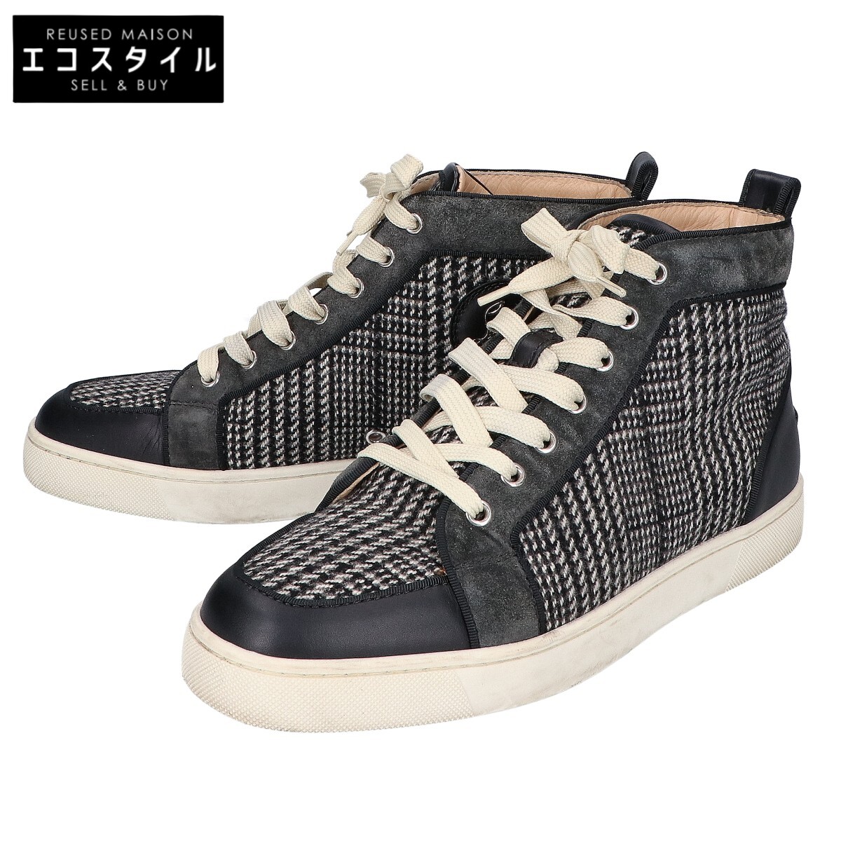 Christian Louboutin クリスチャンルブタン 照合のしるし 羊毛ｘスエードクロスｘなめし革 ハイカットスニーカー シューズ 41 1/2 黒いこと メンズ 【中古】