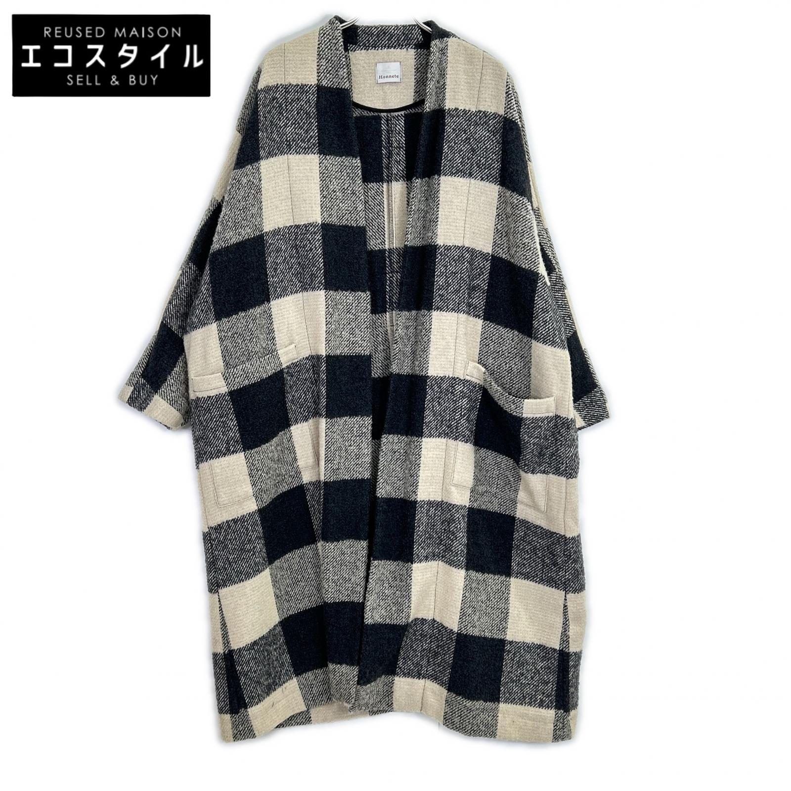 Honnete オネット 23AW HO-23AW CO19/CH ベージュ×薄墨色 ループツイードチェック Dolman Gown Coat/ドルマンガウンコート 厚地の外套   ベージュ×薄墨色 レディース 【中古】