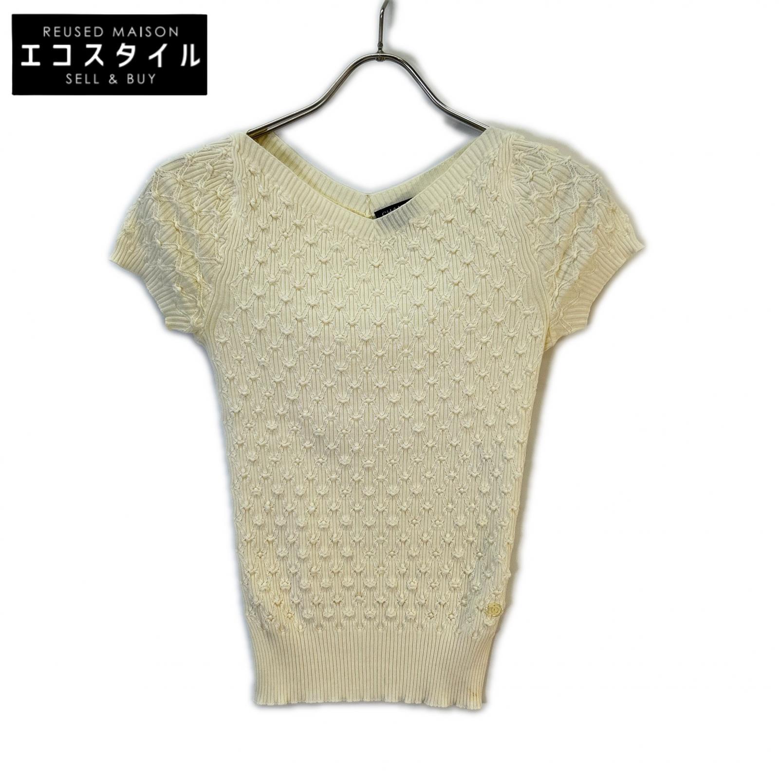 CHANEL シャネル P58467 K07659 クリアココマーク 綿織物×絹地 リブニット トップス   34 白いこと レディース 【中古】