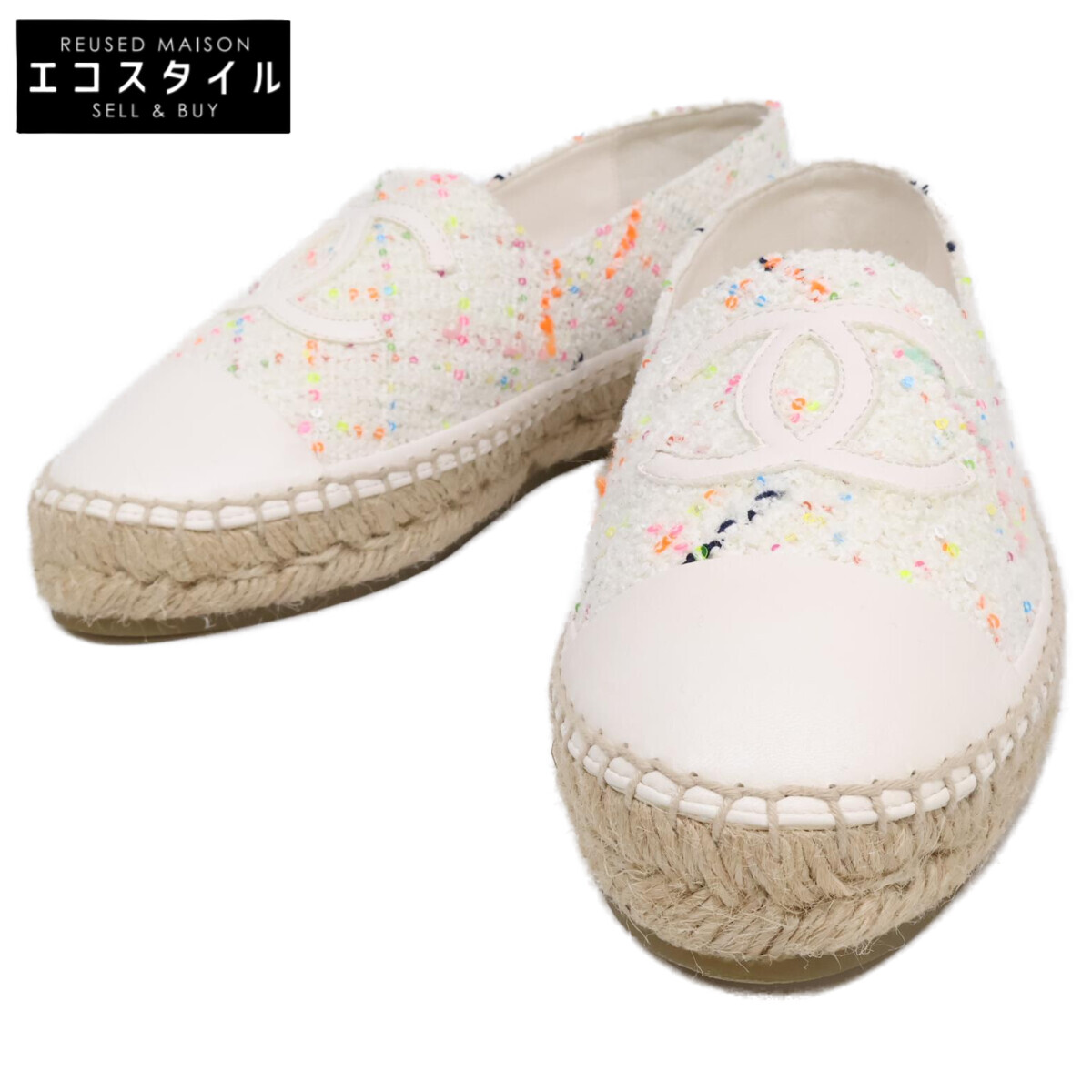 CHANEL シャネル 24C Z G29762 B15327 白いこと ココマーク ツィード×なめし革 エスパドリーユ シューズ シューズ   37C 白いこと レディース 【中古】