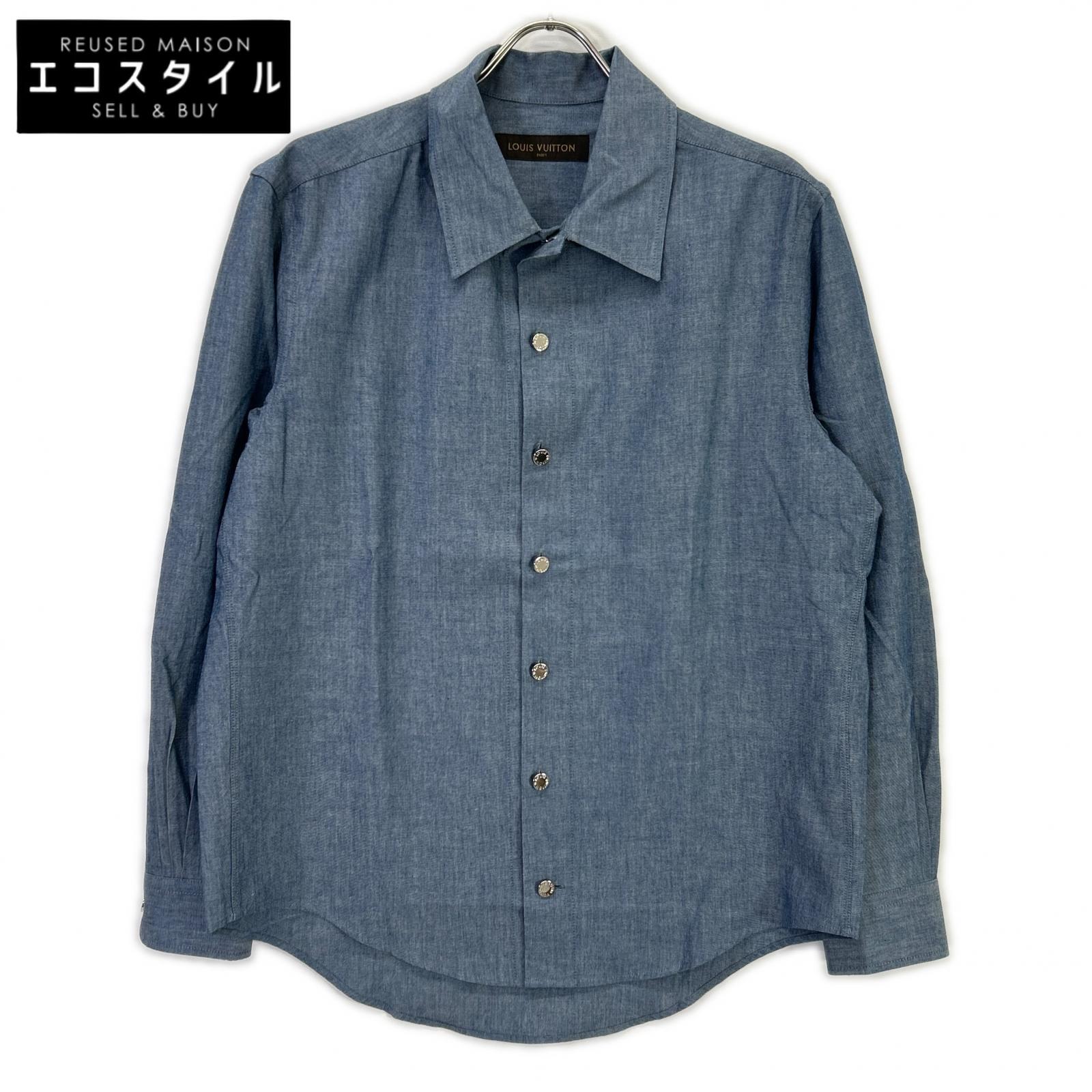 LOUIS VUITTON ルイヴィトン RM162 DKX HAS87W 16AW 青碧 綿織物羊毛 シルバーボタンバックプリント長袖ティーシャツ トップス   L 青碧 メンズ 【中古】