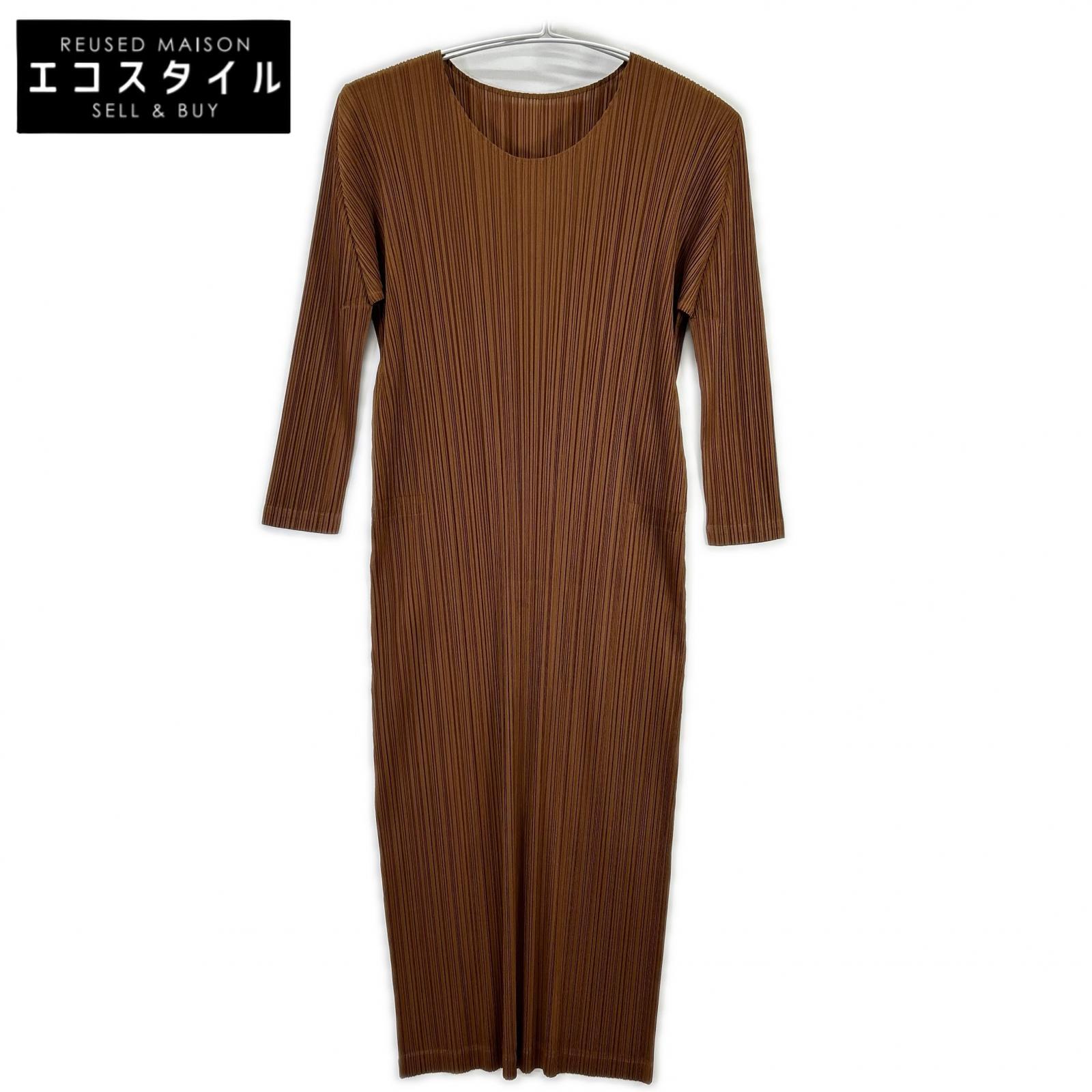 PLEATS PLEASE 筋目プリーズ 23SS PP31JH126 赤銅色 ロングスリーブプリーツワンピース 衣装   3 赤銅色 レディース 【中古】