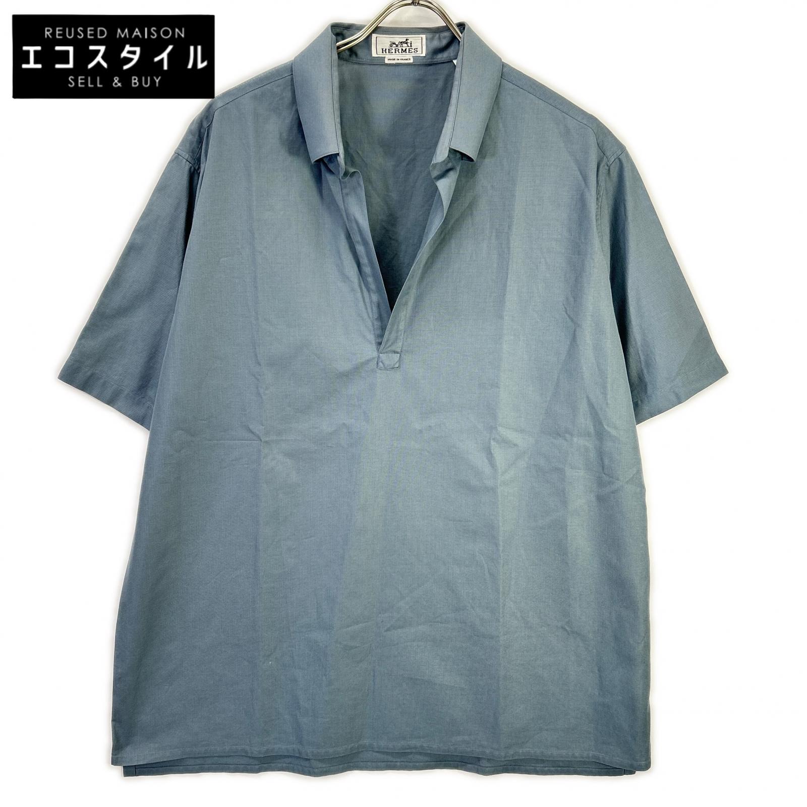 HERMES エルメス 41-5611 青色 綿織物100% BD 開襟プルオーバー トップス   43 青色 メンズ 【中古】
