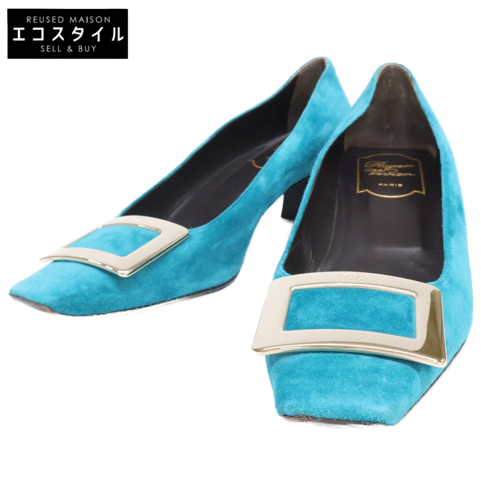 Roger Vivier ロジェヴィヴィエ しろがね色バックル スエードクロス 踵パンプス シューズ   37 青碧 レディース 【中古】