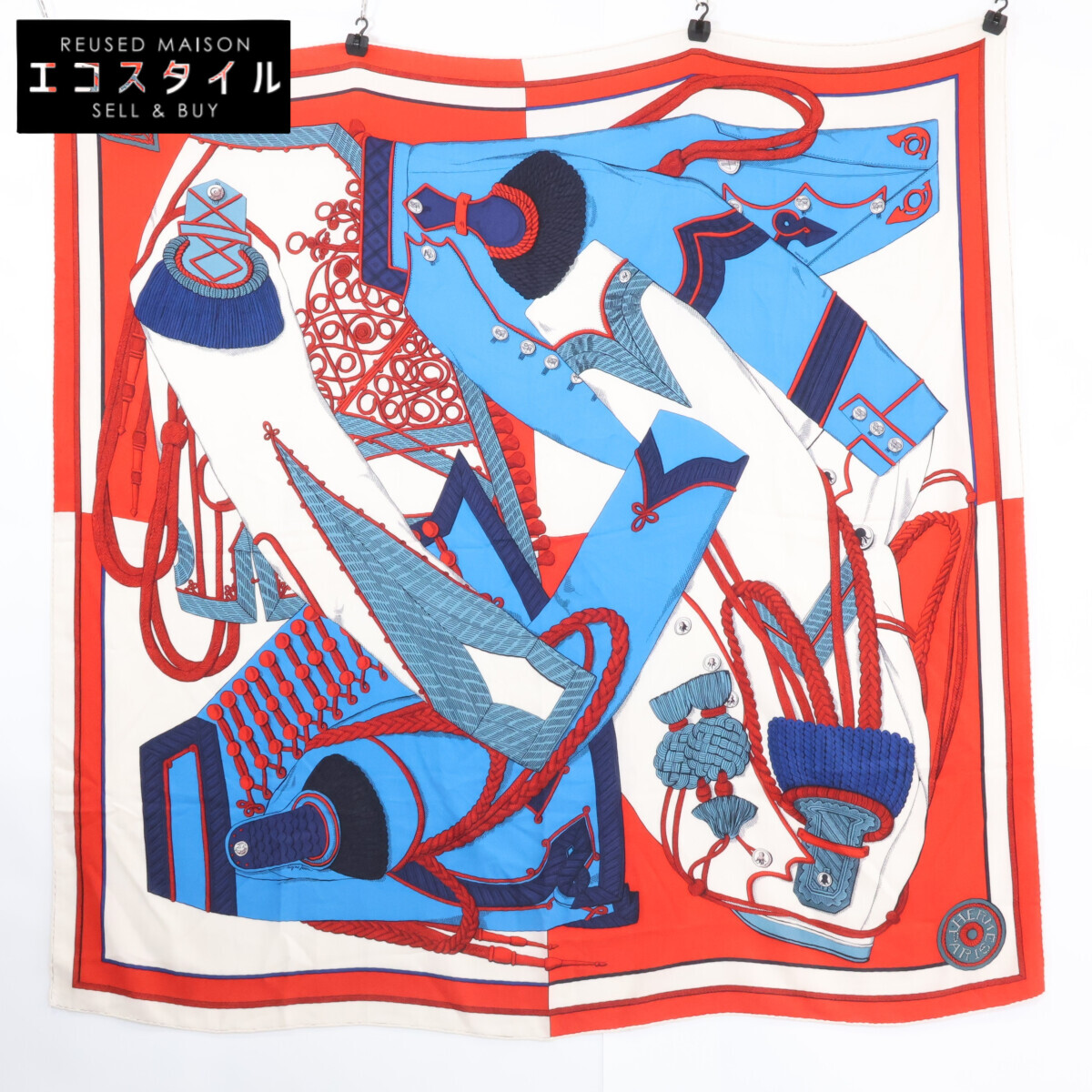 HERMES エルメス カレジェアン140 カシミール地絹 Zouaves et Dragons ズアヴと火竜 大判 えり巻き   赤いこと/青碧 レディース 【中古】