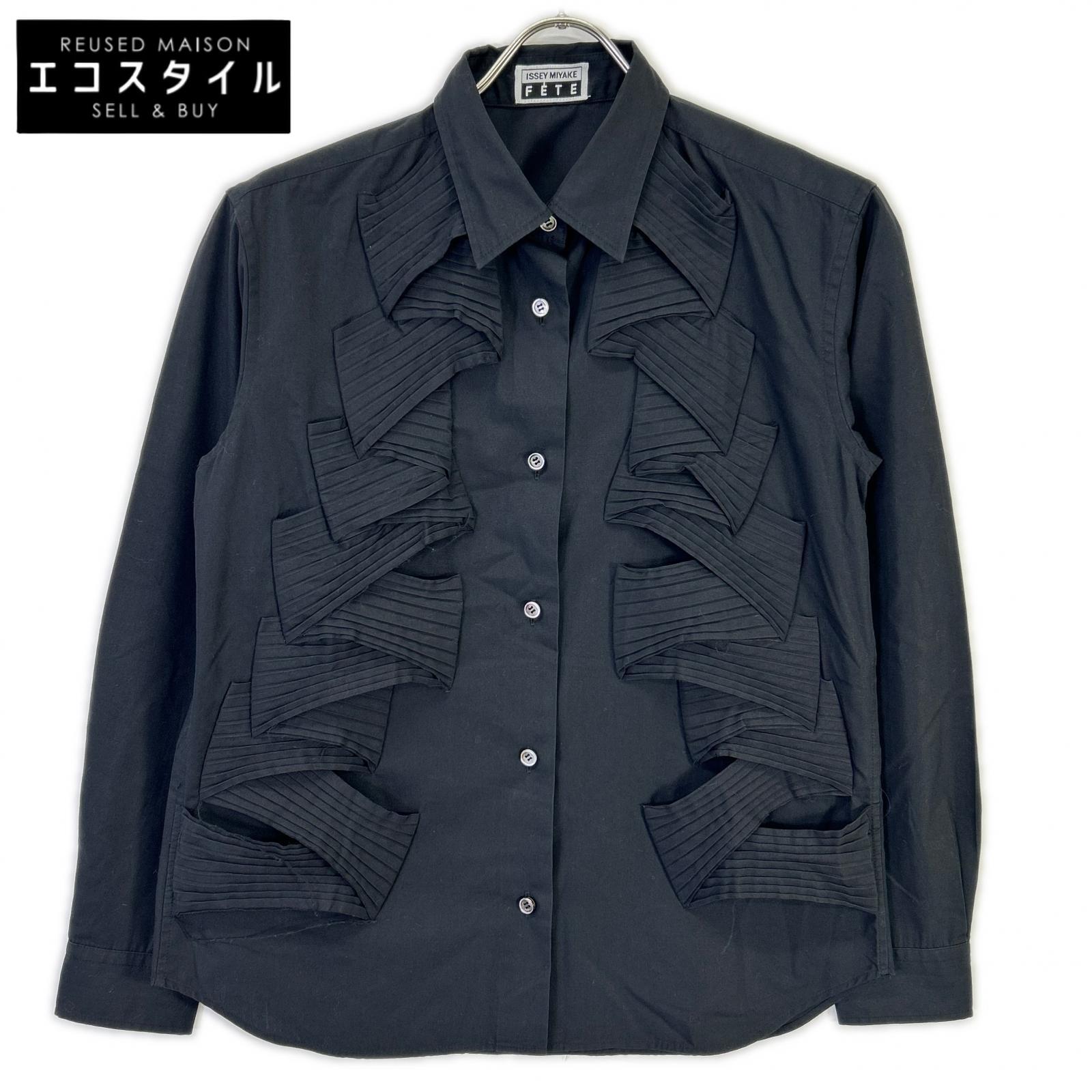 ISSEY MIYAKE FETE イッセイミヤケフェット 黒いこと フェーブフリルデザイン ロングスリーブシャツ トップス   2 黒いこと レディース 【中古】