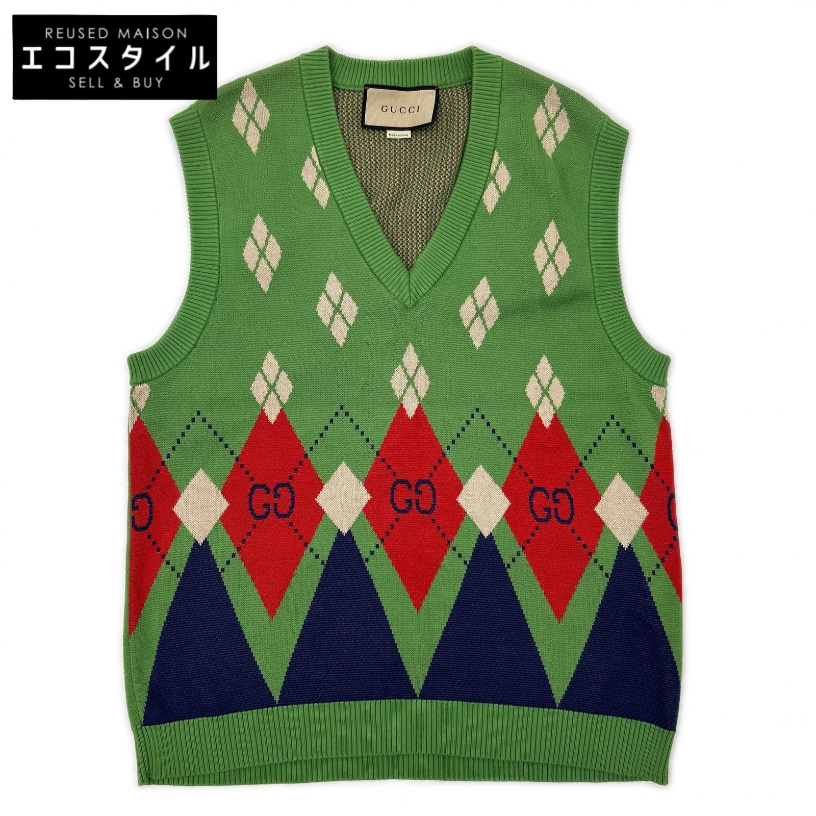 GUCCI グッチ 653841 XKBUQ 緑であること 21AW アーガイルニットベスト より良い   M 緑であること メンズ 【中古】