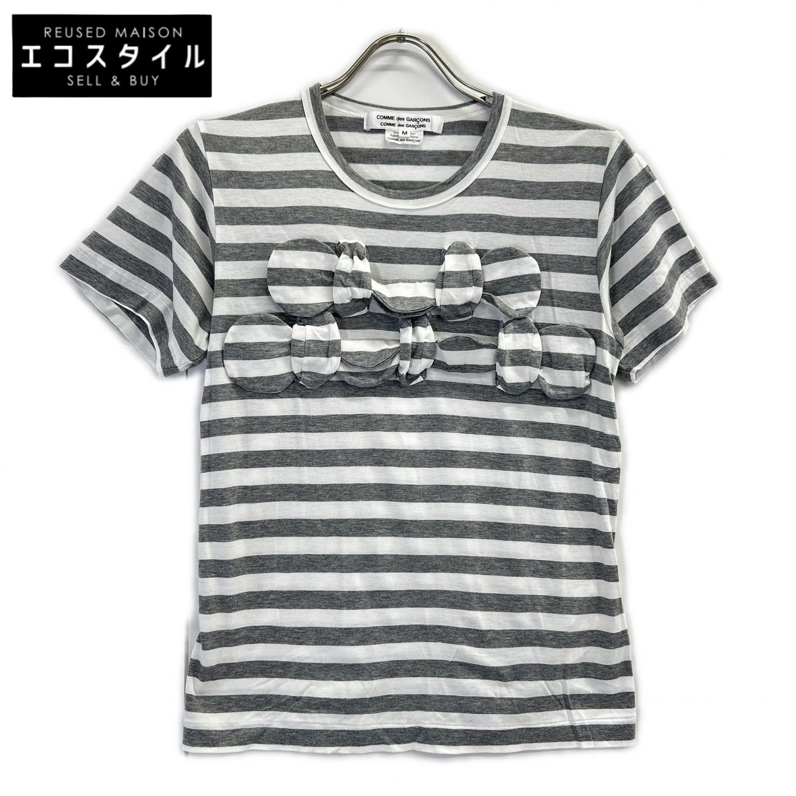 COMMEdesGARCONS COMMEdesGARCONS コムデギャルソンコムデギャルソン（コムコム） RG-T018 薄墨色×ホワイトボーダーフロントリボンティーシャツ トップス   M 薄墨色 レディース 【中古】