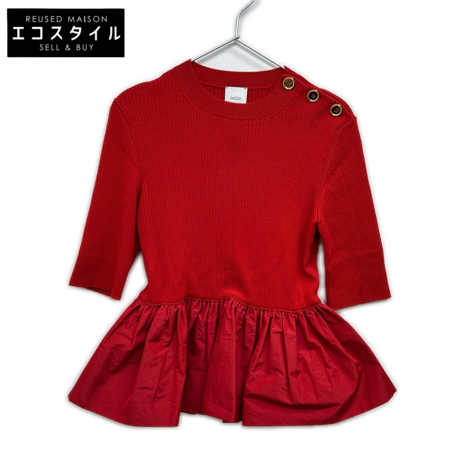 PATOU パトゥ KN2738040314R ﾚｯﾄﾞ ｳｰﾙ\u0026ﾌｧｲﾕ ﾗｯﾌﾙﾍﾑ ﾘﾌﾞ ｾｰﾀｰ トップス S 赤いこと レディース 【中古】