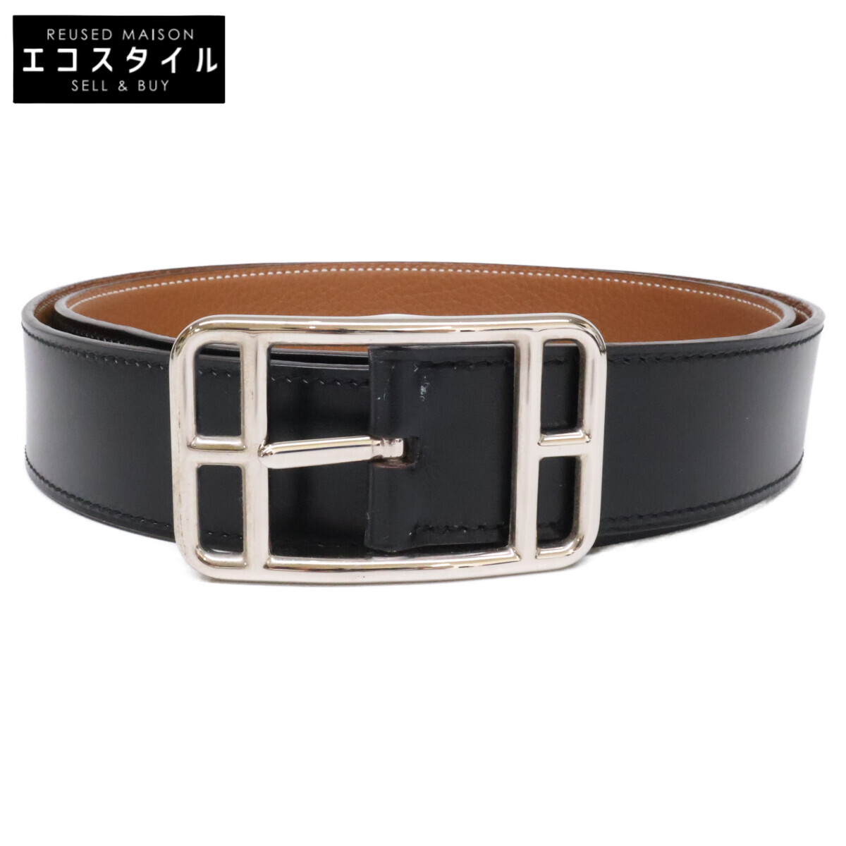 HERMES エルメス ケープコッド 32 SV金具 A刻 ボックスカーフ/ヴォー・トーゴ リヴァーシブル 胴締め   95 ノワール/ゴールド メンズ 【中古】