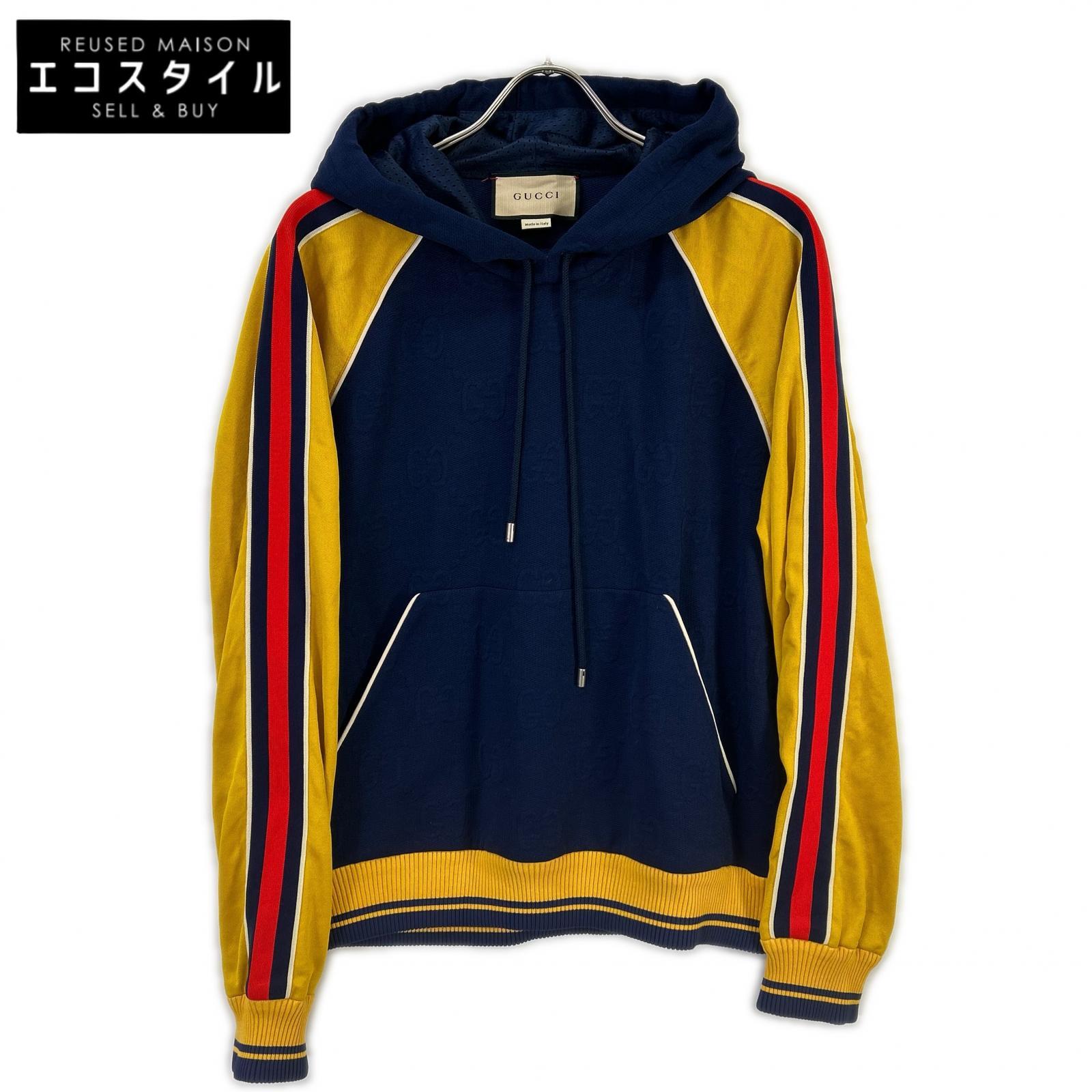 GUCCI グッチ 676100 米国海軍×黄色 GGロゴタイプ ジャカード プルオーバーフーディ トップス   M 米国海軍×黄色 メンズ 【中古】