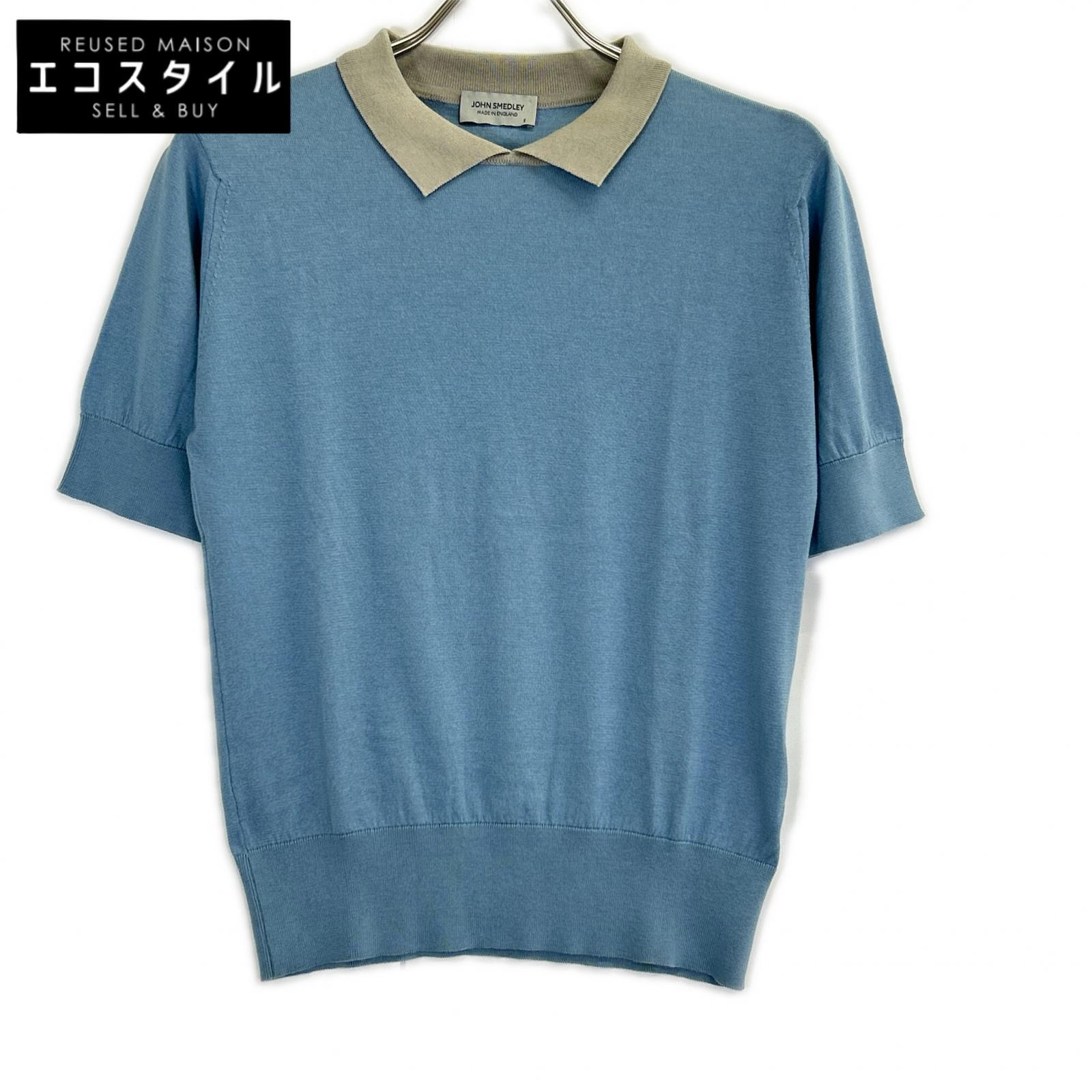 JOHN SMEDLEY ジョンスメドレー 青碧×ベージュ アイランドコットン クレリック ツートーンニットポロシャツ トップス   S 青碧×ベージュ レディース 【中古】
