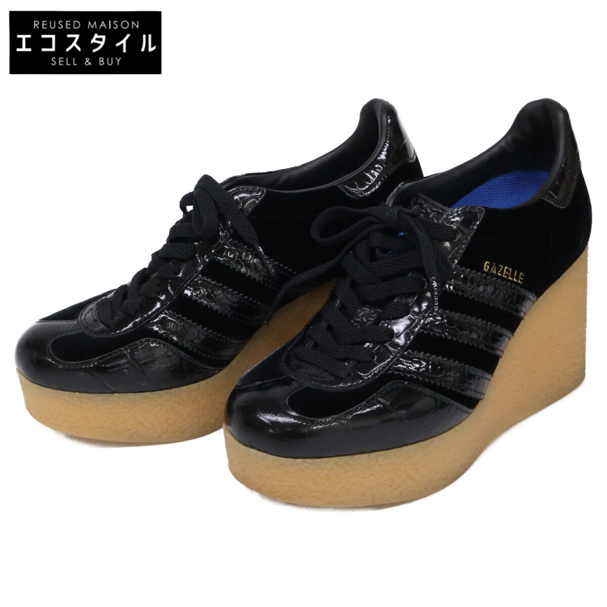 GUCCI グッチ ｘadidas アディダス【美品】725627 GAZELLE ガゼル なめし革ｘスエードクロス 厚底スニーカー シューズ   36 黒いこと レディース 【中古】