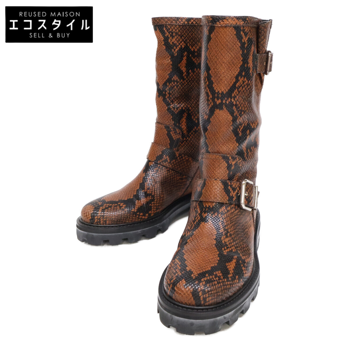 JIMMY CHOO ジミーチュウ 【新品同様】BIKER II バイカー2 パイソン型押し ブーツ シューズ 37 ブラウン レディース 【中古】|ブランドリユース エコスタイル