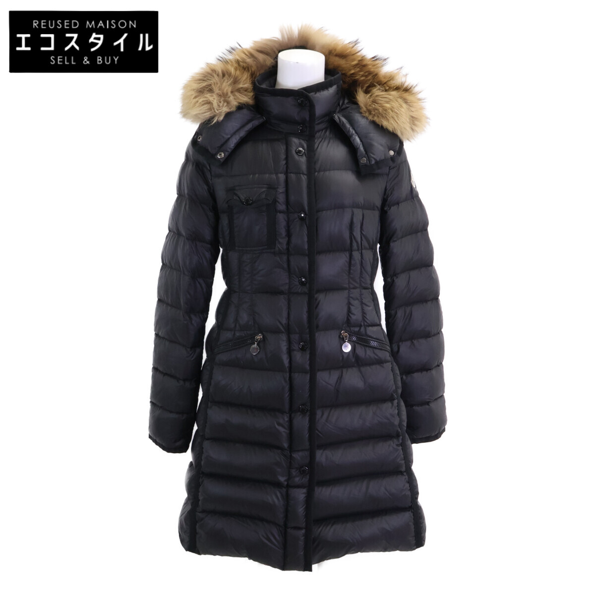 MONCLER モンク軌跡 HERMIFUR エミルファー 毛革ボンネット付落ち込む 厚地の外套 0 黒いこと レディース 【中古】