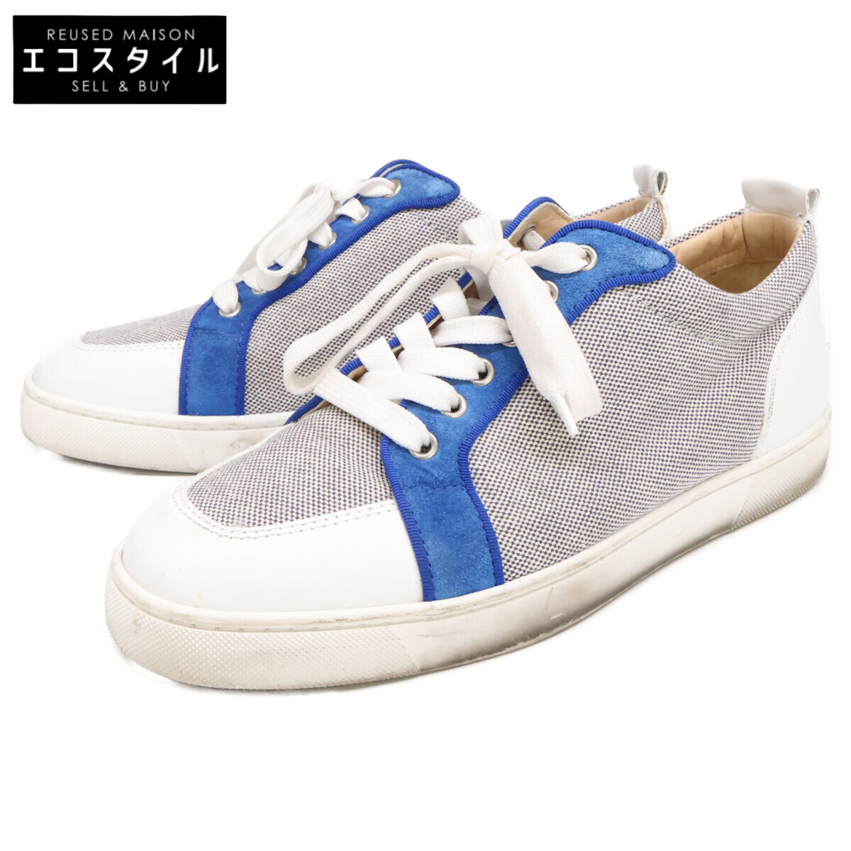 Christian Louboutin クリスチャンルブタン 帆布ｘなめし革ｘスエードクロス スニーカー シューズ   40 1/2 白いこと/薄墨色/青碧 メンズ 【中古】