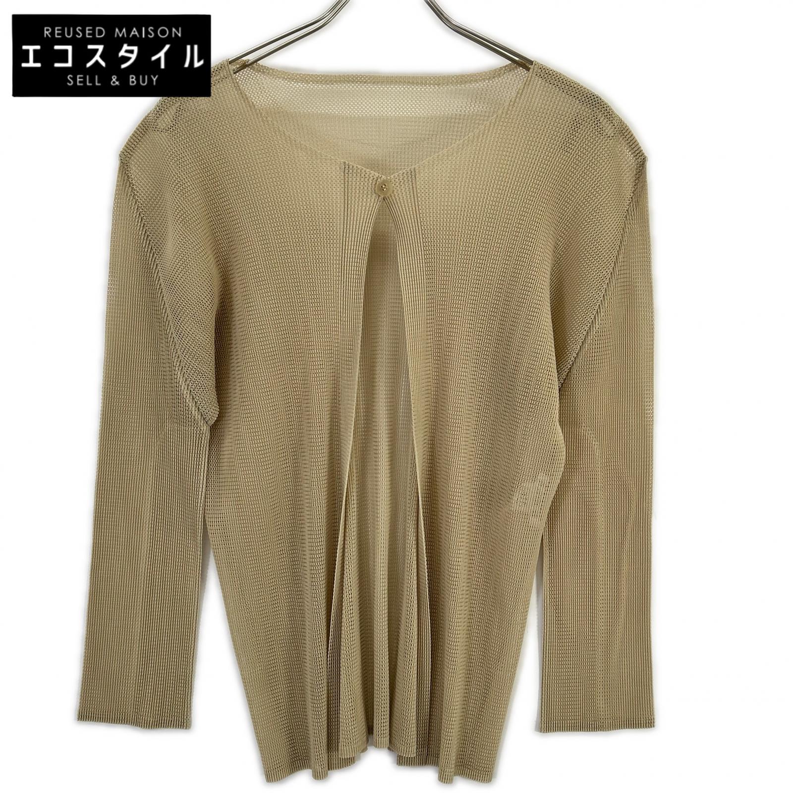 PLEATS PLEASE 筋目プリーズ PP13-F0255 ベージュ メッシュプリーツノーカラーカーディガン トップス   3 ベージュ レディース 【中古】
