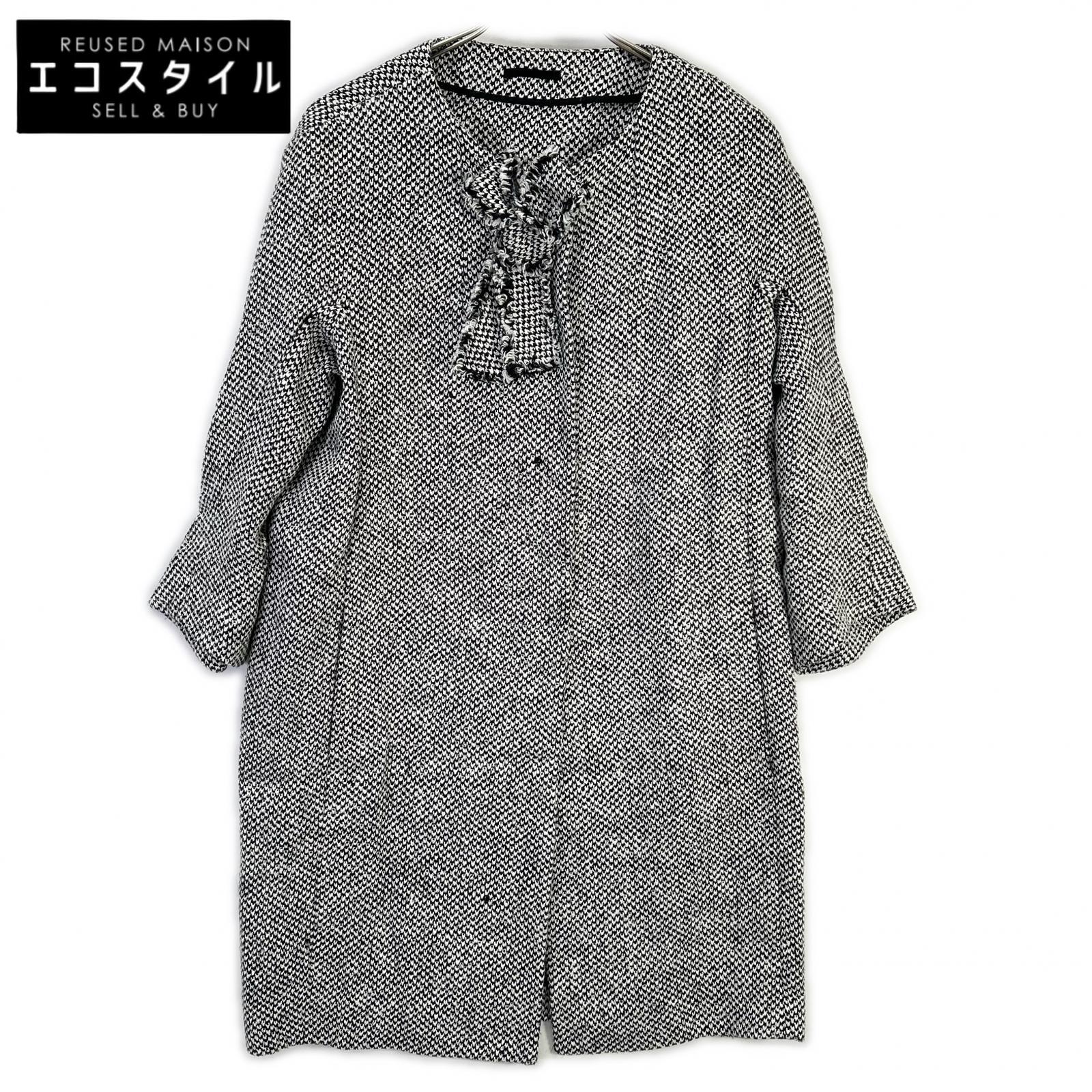 ERMANNO SCERVINO エルマノシェルビーノ D286D340DEQ 白いこと×黒いこと リネン混 向こう正面シュロの葉 ツイードミディアムコート 厚地の外套   40 白いこと／黒いこと レディース 【中古】