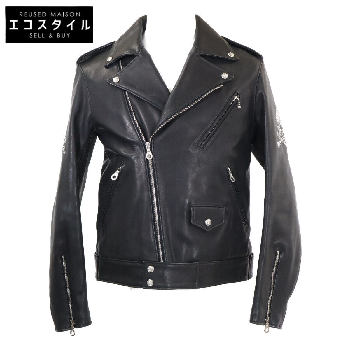 mastermind お師匠さん肝ったま 【美品】13SS MX-BL05-70 アームビジュースカル 導管なめし革 ダブルライダースジャケット M 黒いこと メンズ 【中古】