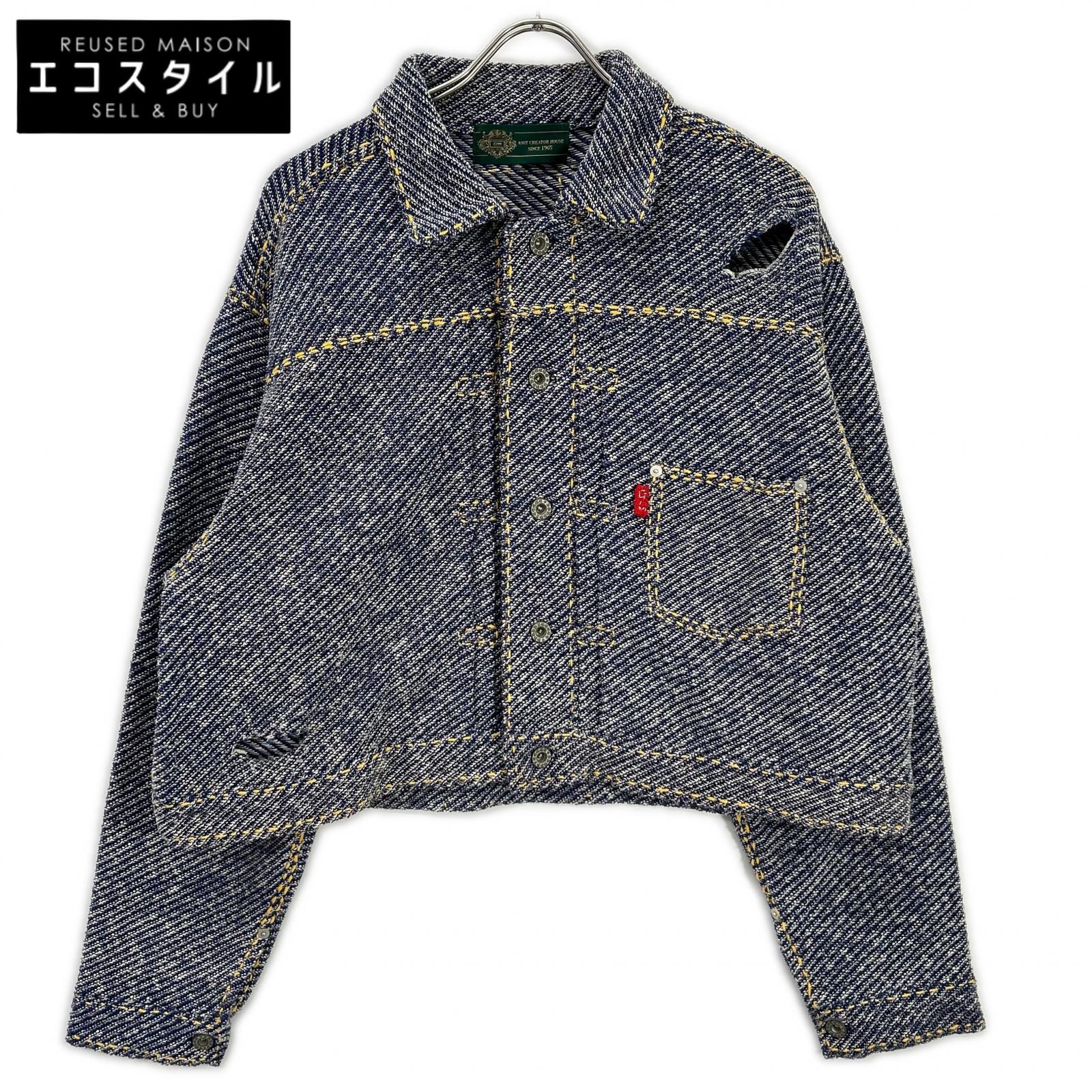 gim context 体育館周囲の状況 25105140 青碧 Hand-Stitched Damaged Denim Knit Jacket 上衣   M 青碧 メンズ 【中古】