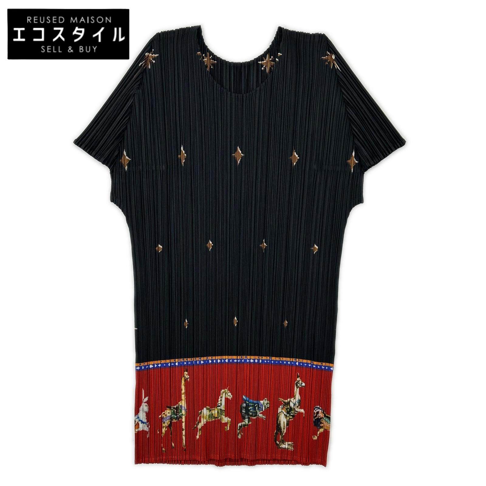 PLEATS PLEASE 筋目プリーズ PP43-JG771 黒いこと メリーゴーランド アニマルプリント 半袖カットソー トップス   4 黒いこと レディース 【中古】