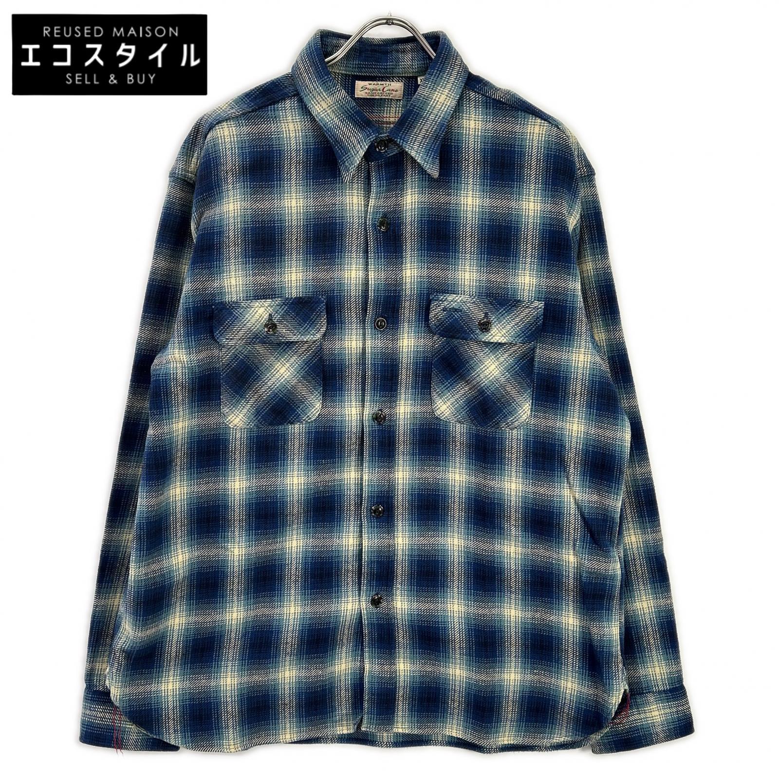 SUGAR CANE シュガーケーン FICTION ROMANCE ツイルチェック 細工物プルオーバー トップス   X L 青碧 メンズ 【中古】