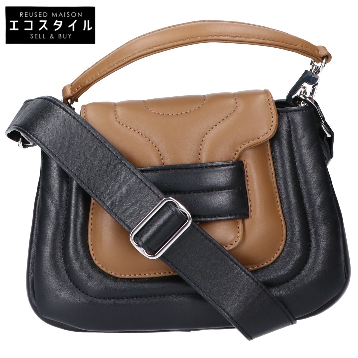 PIERRE HARDY ピエールアルディ 25FW 子ヒツジなめし革 アルファパッド ハンドバック 2WAY ショルダーバッグ   黒いことxベージュ  レディース 【中古】