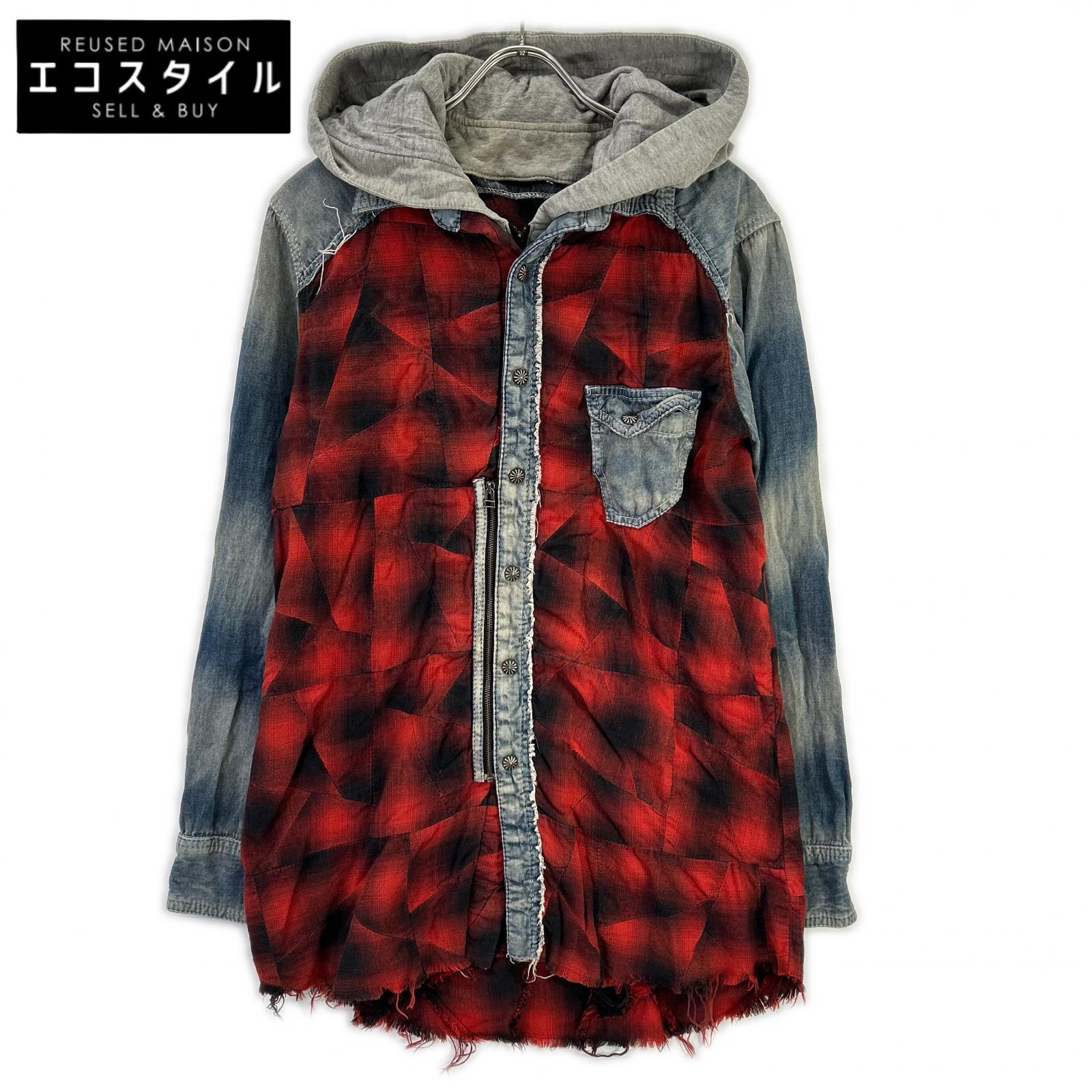 14th addiction フォーティーンス アディクション FRANCES 照合のしるし柄 フーディー プルオーバー トップス   3 赤いこと×インディゴ メンズ 【中古】