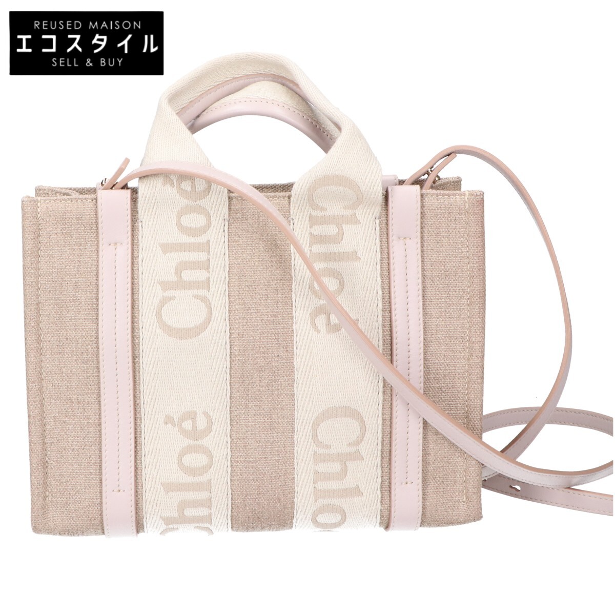 Chloe クロエ リネン帆布xカーフスキン WOODY ウッディ スモール 2WAYショルダーバッグ トートバッグ   ベージュxサクラ色 レディース 【中古】