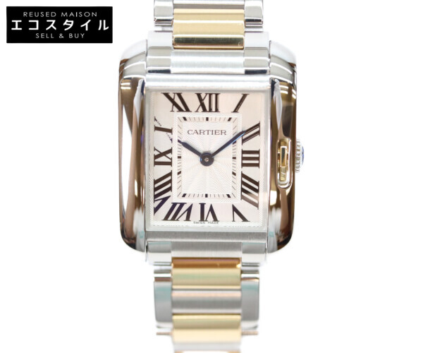 Cartier カルティエ W5310046 YG SS タンクアングレーズSM シルバーギョーシェ彫り文字記号盤 QZ ウォッチ   しろがね色/ゴールド レディース 【新品負けず劣らず品】
