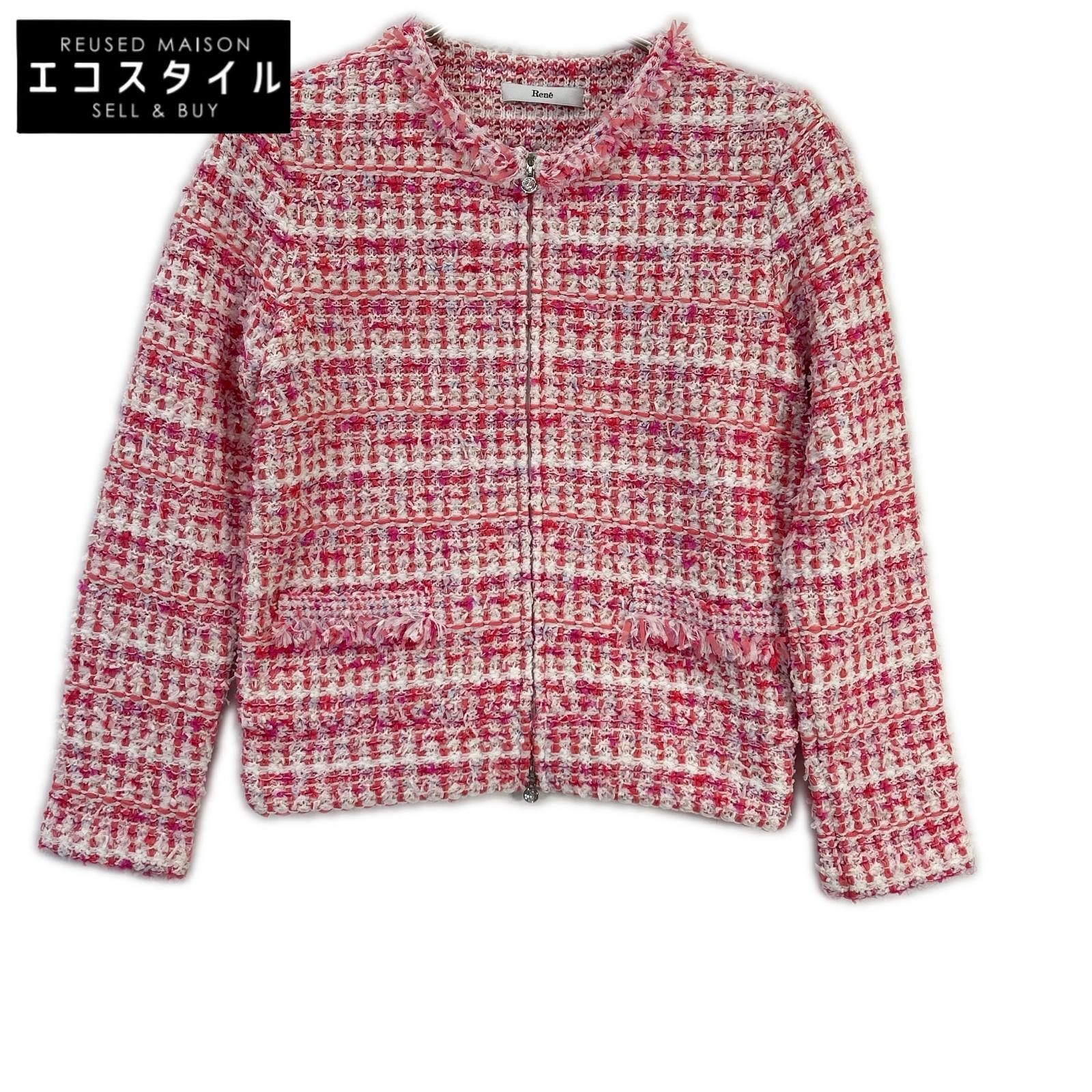 Rene ルネ 24SS 6412270 サクラ色×白いこと ビジュージップ ジップアップ ツィード上衣 上衣   34 サクラ色 レディース 【中古】