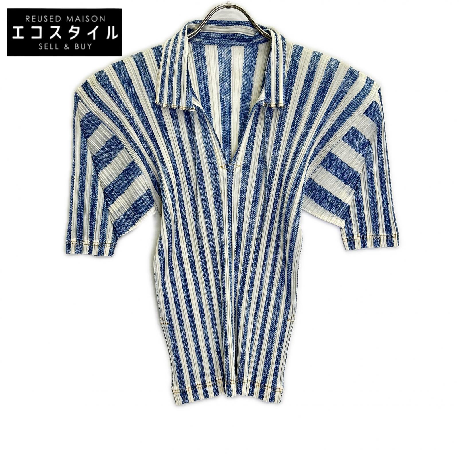 PLEATS PLEASE プリーツプリーズ 【美品】PP92-JK072 キーネック デニム転写ストライプ 半袖カットソー トップス 4 ブルーｘホワイト レディース 【中古】｜ブランドリユース エコスタイル