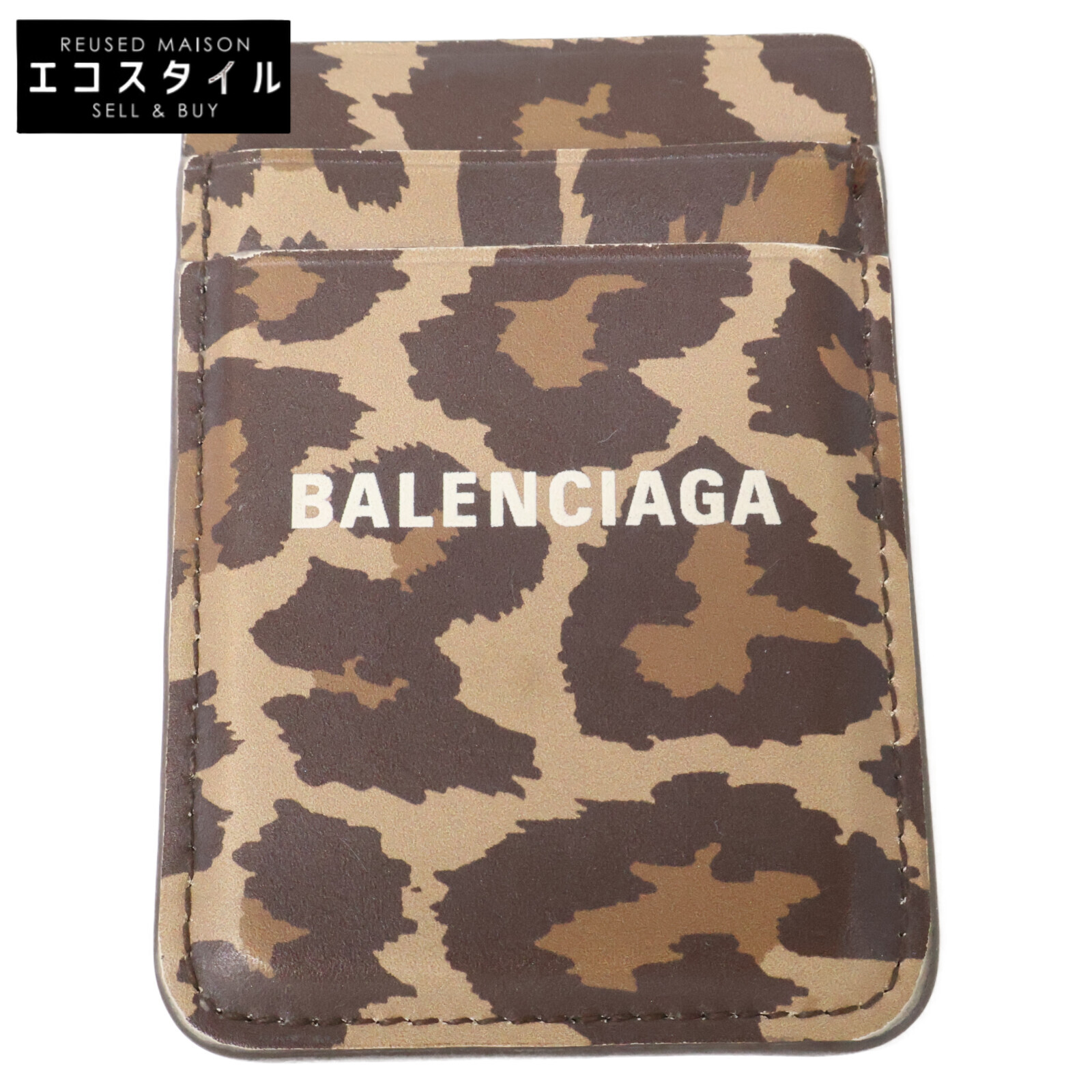 BALENCIAGA バレンシアガ CASH レオパード柄 マグネット式 カードポケット スマホポケット カードケース ブラウン系 レディース 【中古】｜ブランドリユース エコスタイル