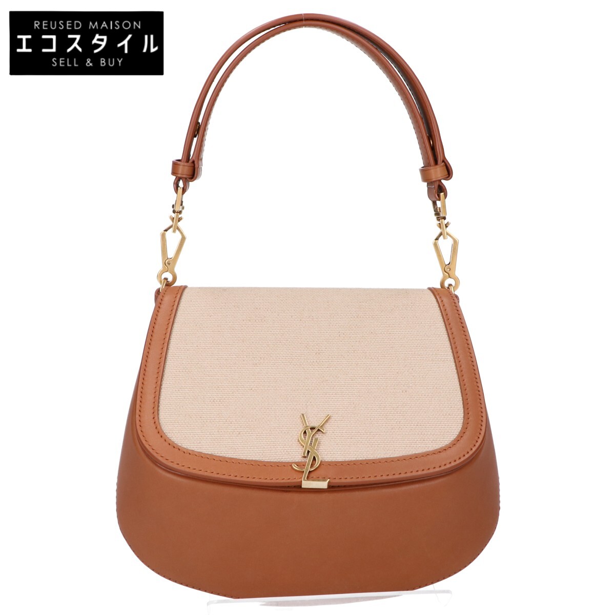 SAINT LAURENT PARIS サンローランパリ 818896 ベージュ×赤銅色 帆布/子ウシ メタルカサンドラロゴ いの一番手持ち部分御徒面子 ハンドバック   - ベージュ レディース 【中古】