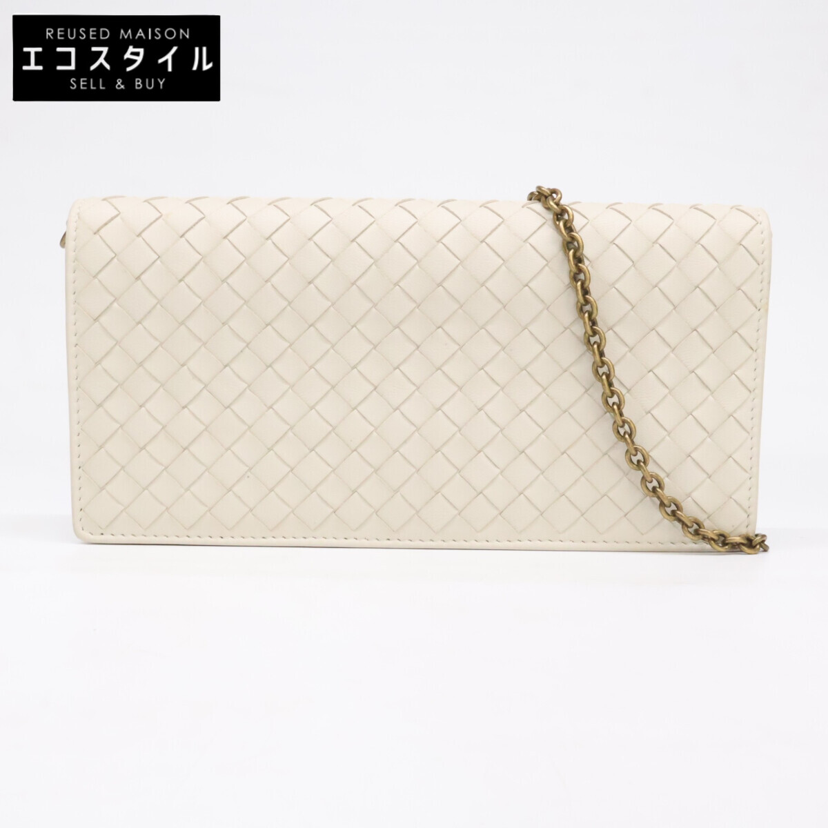 BOTTEGA VENETA ボッテガヴェネタ 【美品】586906 イントレチャート なめし革 チェーンウォレット 長紙入れ（御釣り入れあり）   象牙色 レディース 【中古】