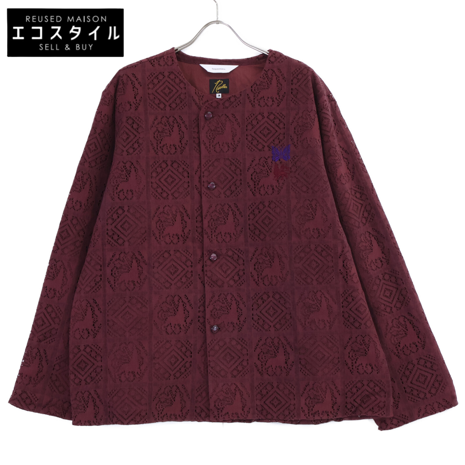 SASQUATCHfabrix. サスクワァッチファブリックス 【&times;Needles】23AW-SY9-070 ボルドー ライオン柄ベルベットレーススナップカーディガンジャケット ジャケット L ボルドー メンズ 【中古】｜ブランドリユース エコスタイル