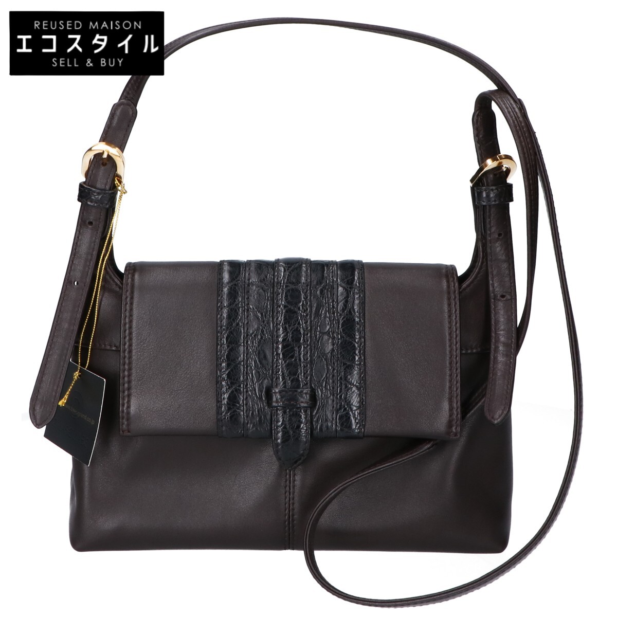 BEAUGRAND ボーグラン 3322-2 ソフト牛/クロコ フラップ ショルダーバッグ チョコ/クロ レディース 【中古】｜ブランドリユース エコスタイル