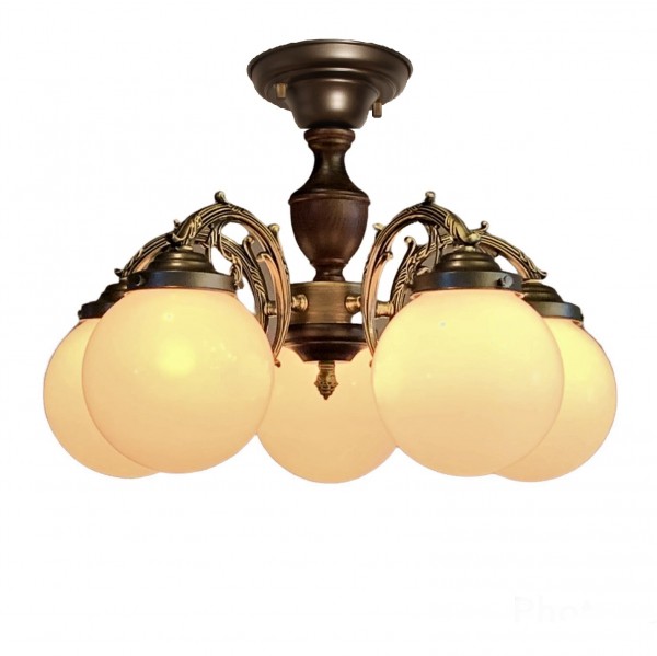 ヴィンテージシャンデリア 5灯LED付 フロストガラスと真鍮と