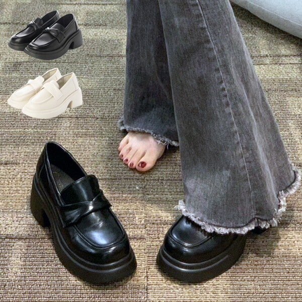 楽天市場】パンプス ローファー PUレザー 合皮 太ヒール チャンキー