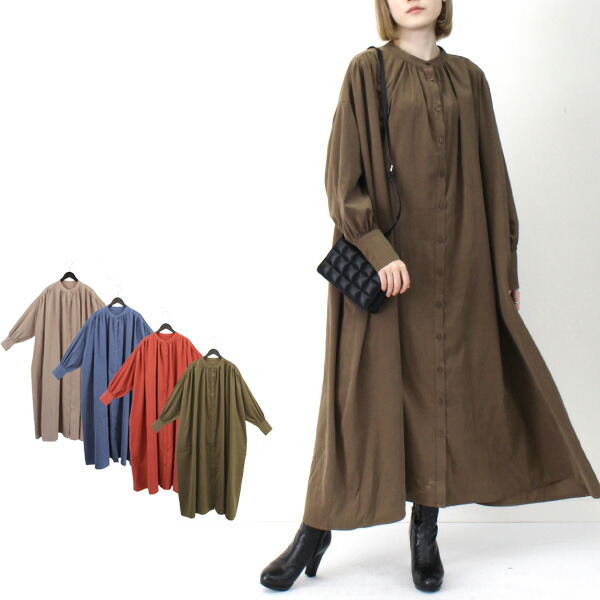 ワンピース ロング マキシ丈 ギャザー 無地 長袖 きれいめ 秋 冬 レディース ベージュ ブルー オレンジ カーキ Lojascarrossel Com Br