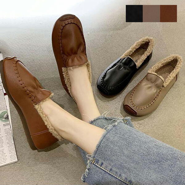 フラットシューズ モカシンシューズ 内ボア Puレザー 革 フラット ぺたんこ 暖かい 冬 秋 無地 靴 シューズ レディース ブラウン ブラック カーキ 最大93 オフ