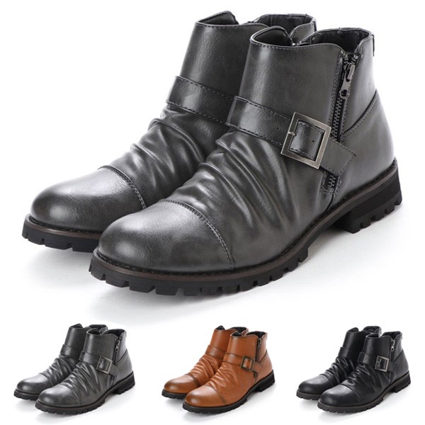 【楽天市場】ブーツ ショートブーツ エンジニアブーツ ベルト付き フェイクレザー 合皮 サイドジップ ショート丈 靴 シューズ メンズ
